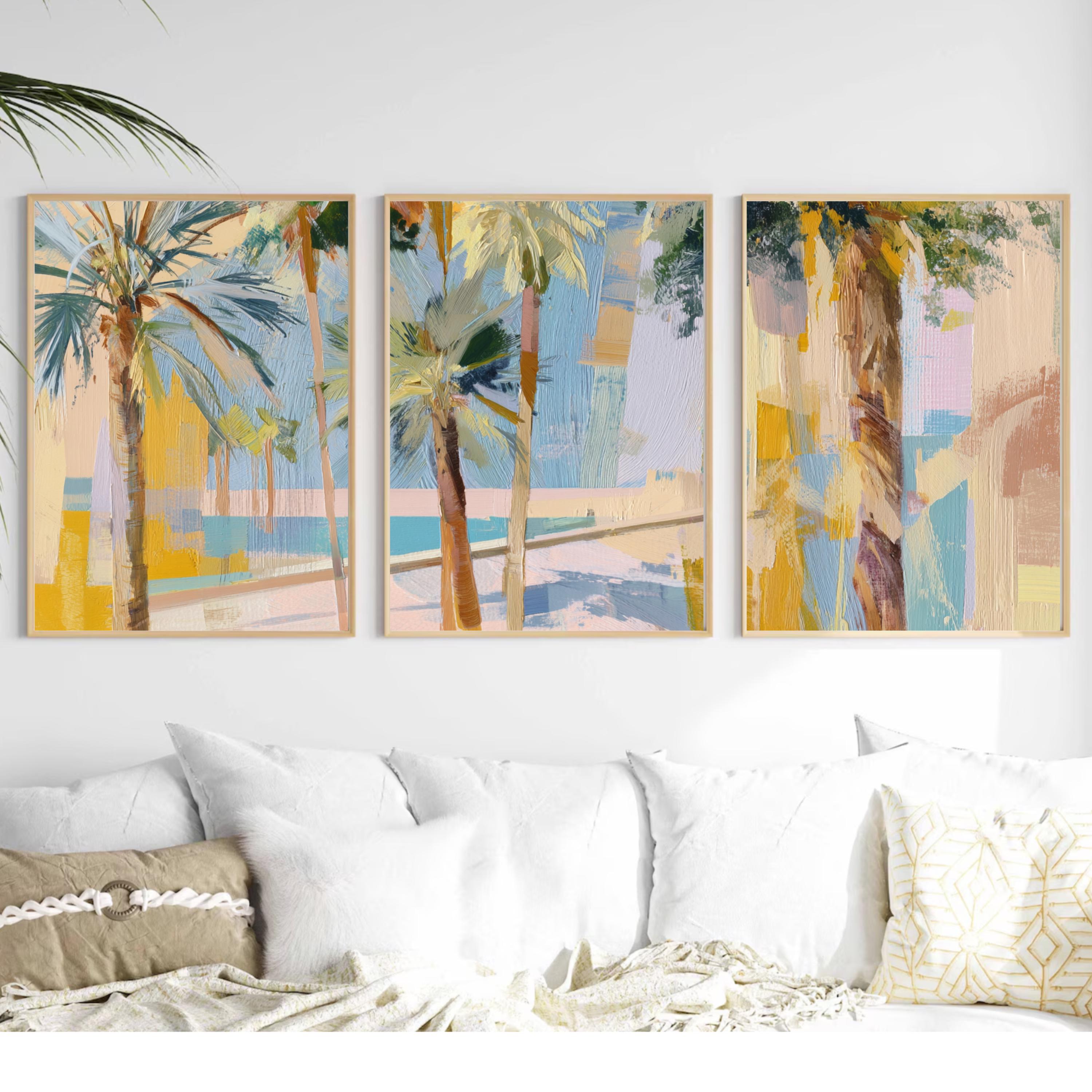Tropical Palm Tree Wall Art Set of 3 | Coastal Summer Triptych Prints | Colorful Abstract Palm Springs Decor