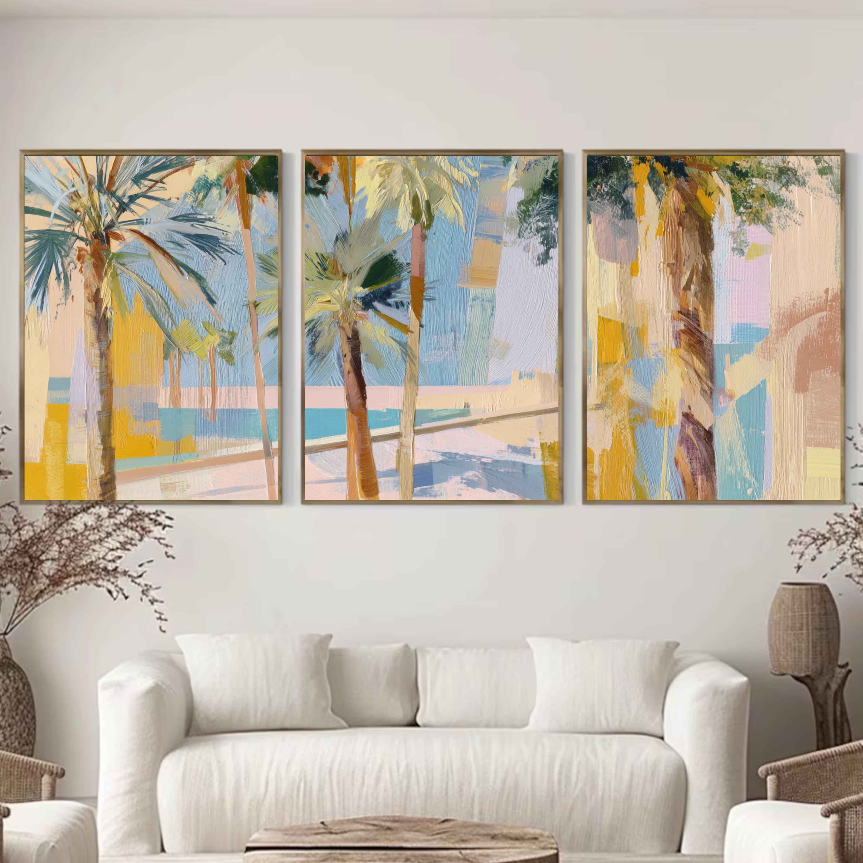 Tropical Palm Tree Wall Art Set of 3 | Coastal Summer Triptych Prints | Colorful Abstract Palm Springs Decor