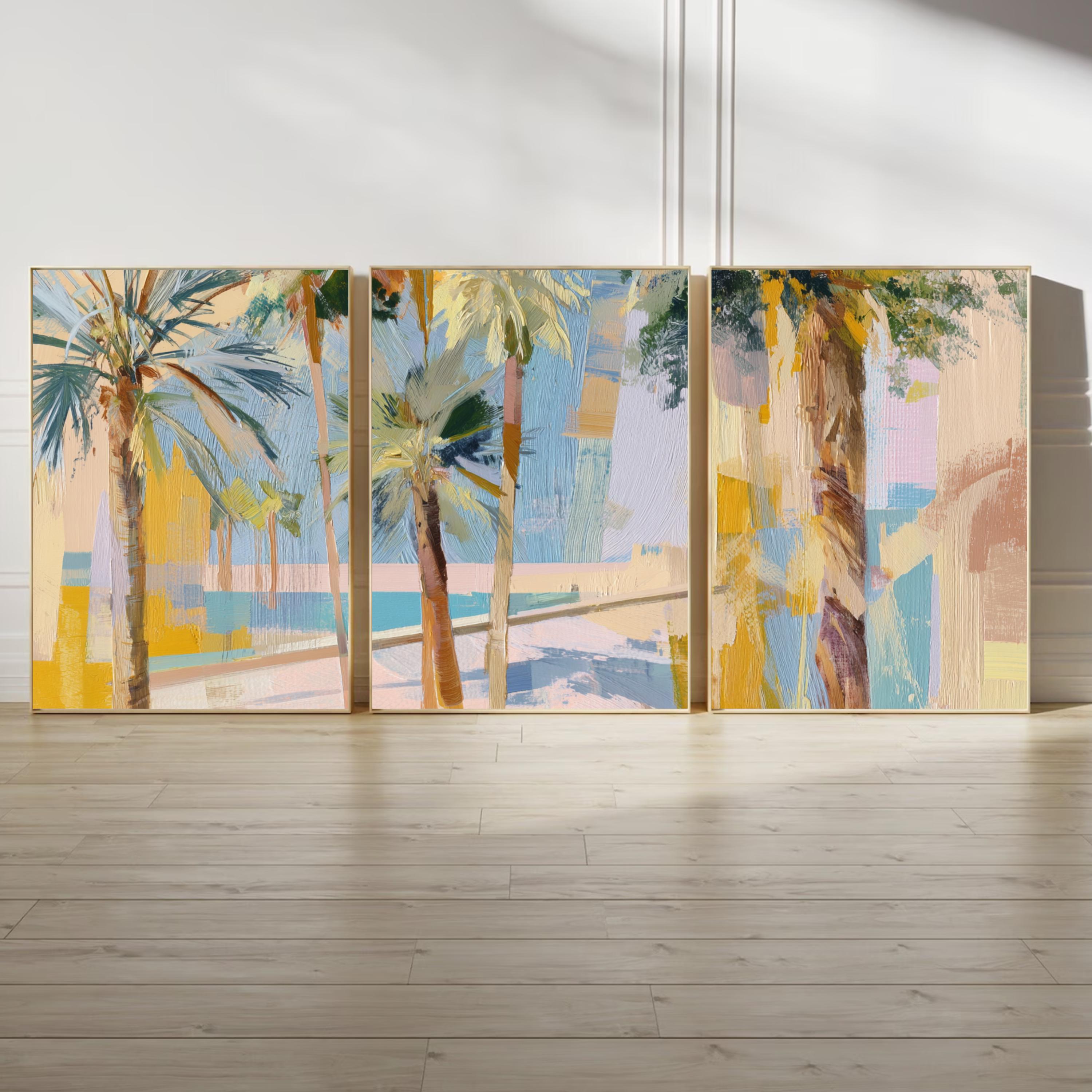 Tropical Palm Tree Wall Art Set of 3 | Coastal Summer Triptych Prints | Colorful Abstract Palm Springs Decor