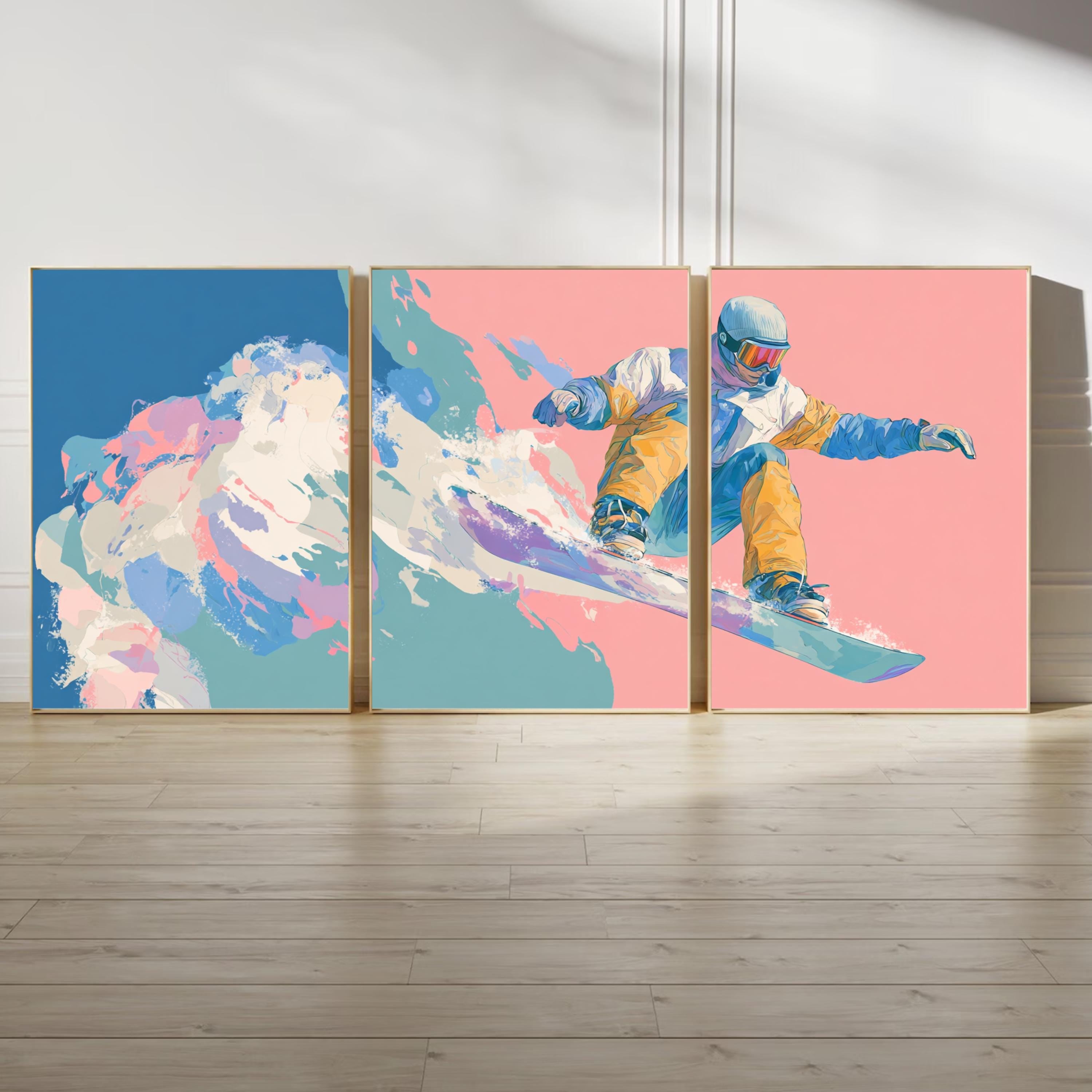 Snowboard Wall Art Set of 3 | Extreme Sports Triptych Prints | Colorful Snowboarding Artwork for Adventure Lovers