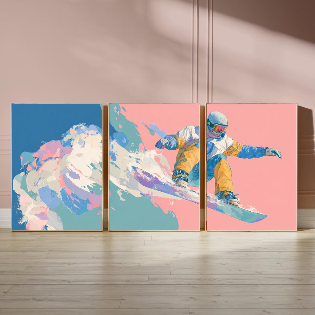 Snowboard Wall Art Set of 3 | Extreme Sports Triptych Prints | Colorful Snowboarding Artwork for Adventure Lovers