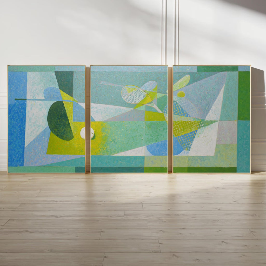 Tennis Wall Art Set of 3 | Abstract Sports Triptych Prints | Modern Geometric Tennis Artwork for Game Room or Office
