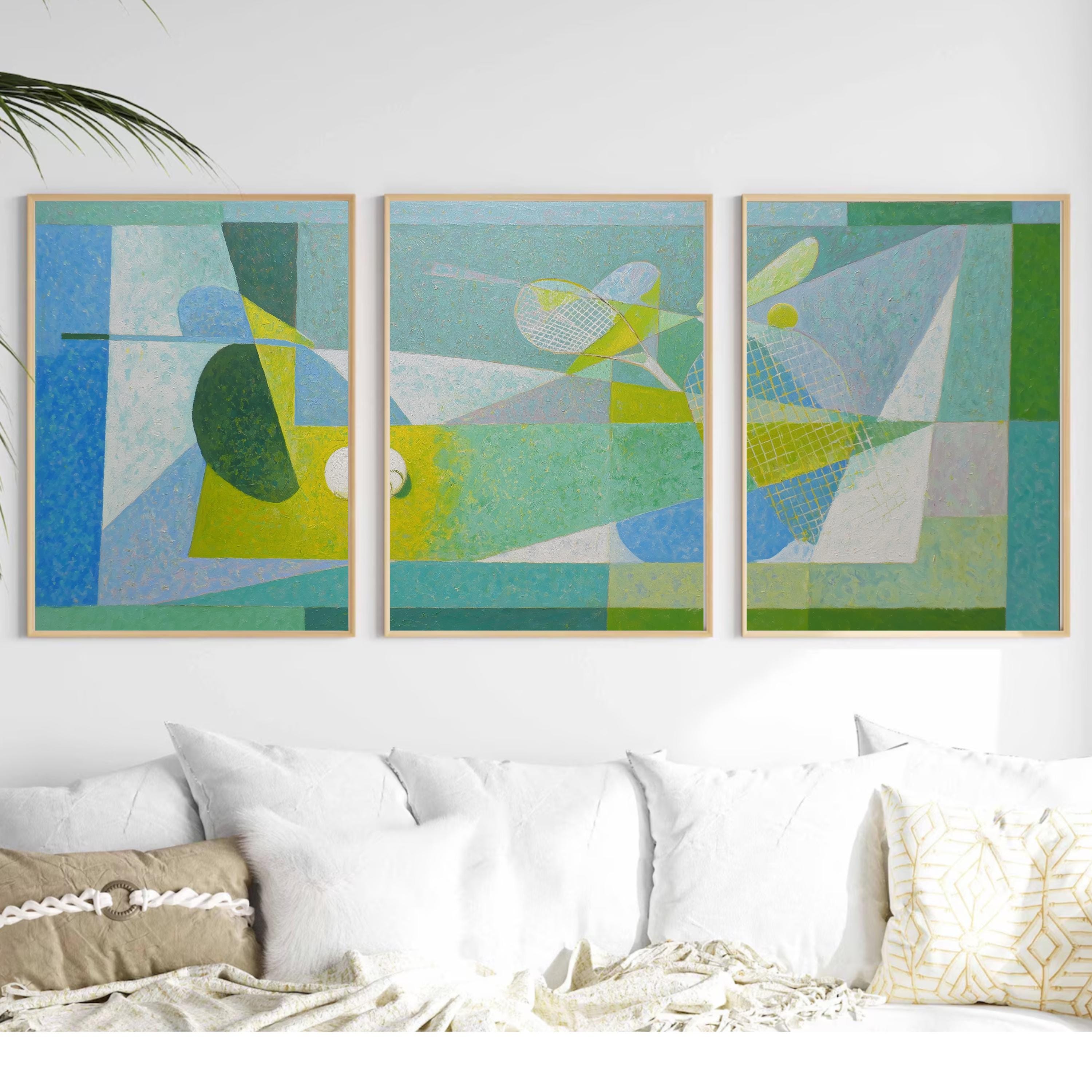 Tennis Wall Art Set of 3 | Abstract Sports Triptych Prints | Modern Geometric Tennis Artwork for Game Room or Office