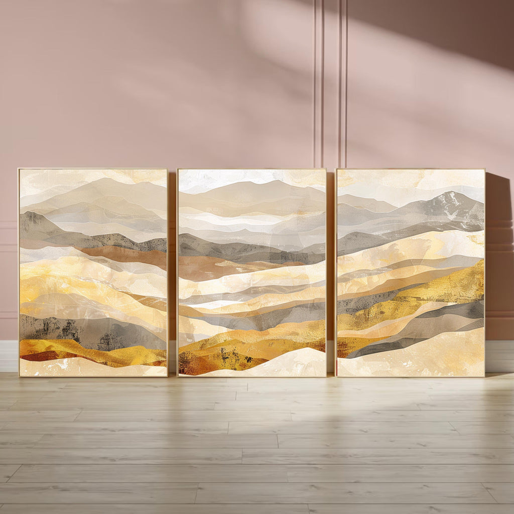 Golden Mountain Wall Art Set of 3 | Abstract Landscape Triptych Prints | Warm Earth Tone Modern Nature Decor