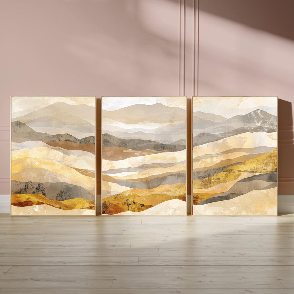 Golden Mountain Wall Art Set of 3 | Abstract Landscape Triptych Prints | Warm Earth Tone Modern Nature Decor