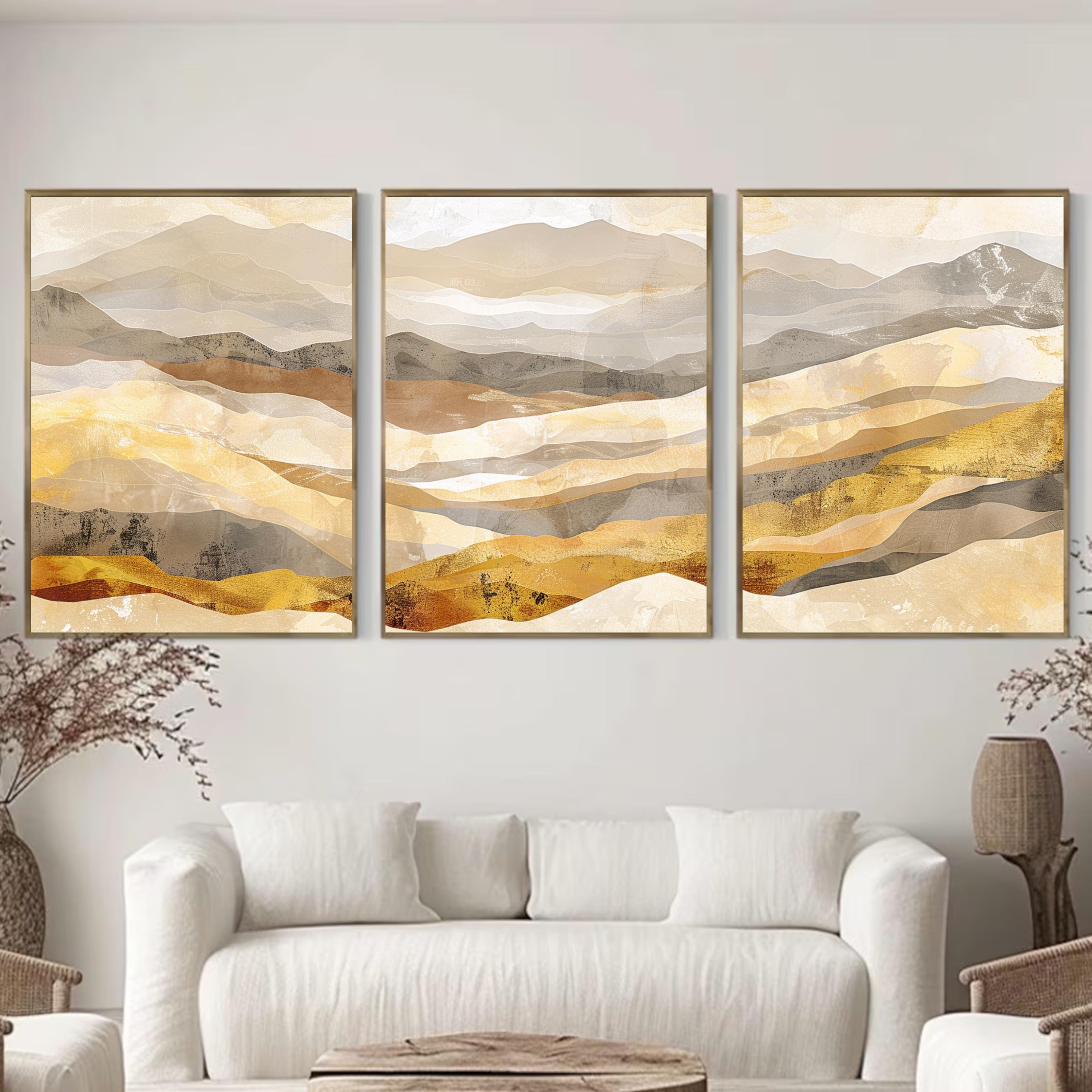 Golden Mountain Wall Art Set of 3 | Abstract Landscape Triptych Prints | Warm Earth Tone Modern Nature Decor