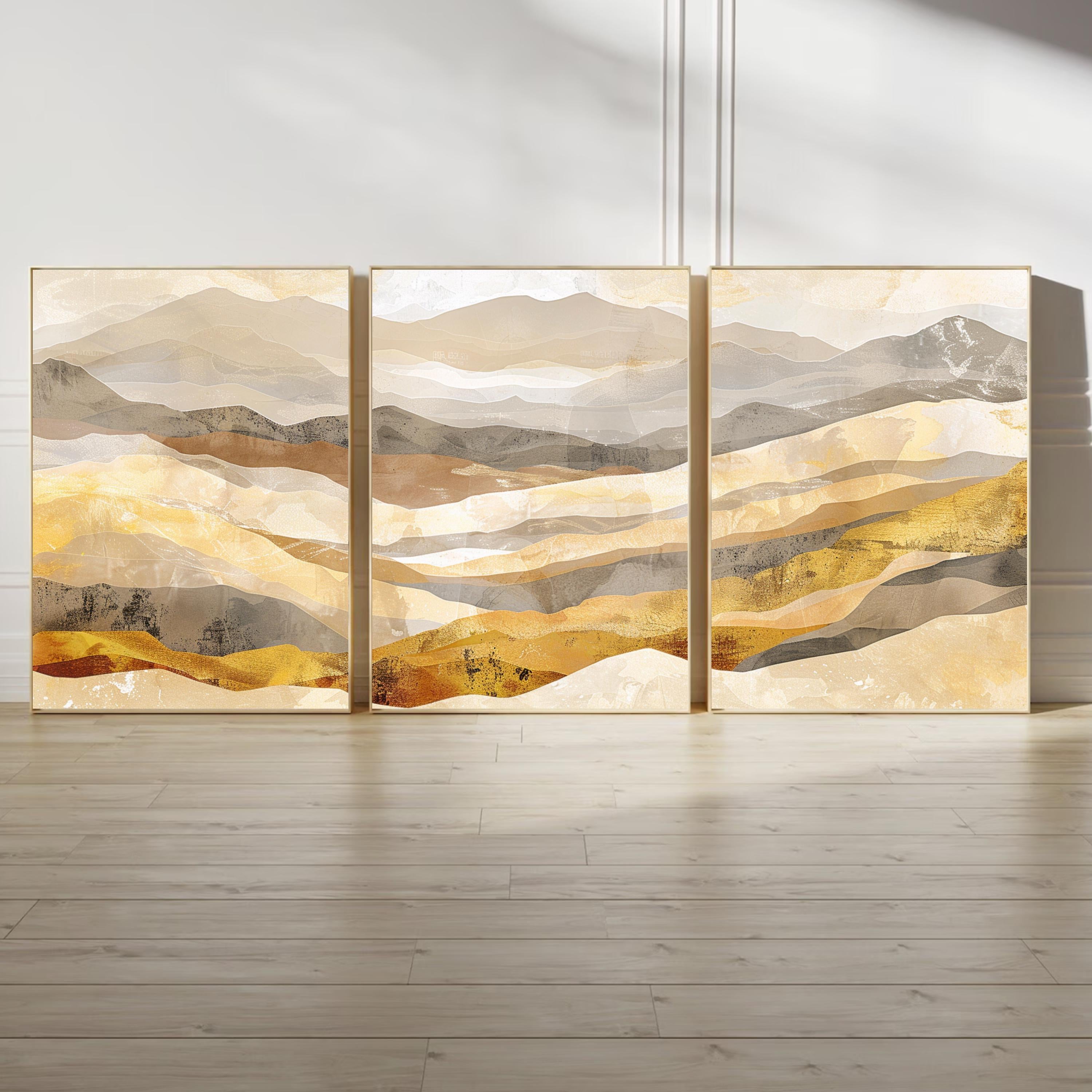 Golden Mountain Wall Art Set of 3 | Abstract Landscape Triptych Prints | Warm Earth Tone Modern Nature Decor