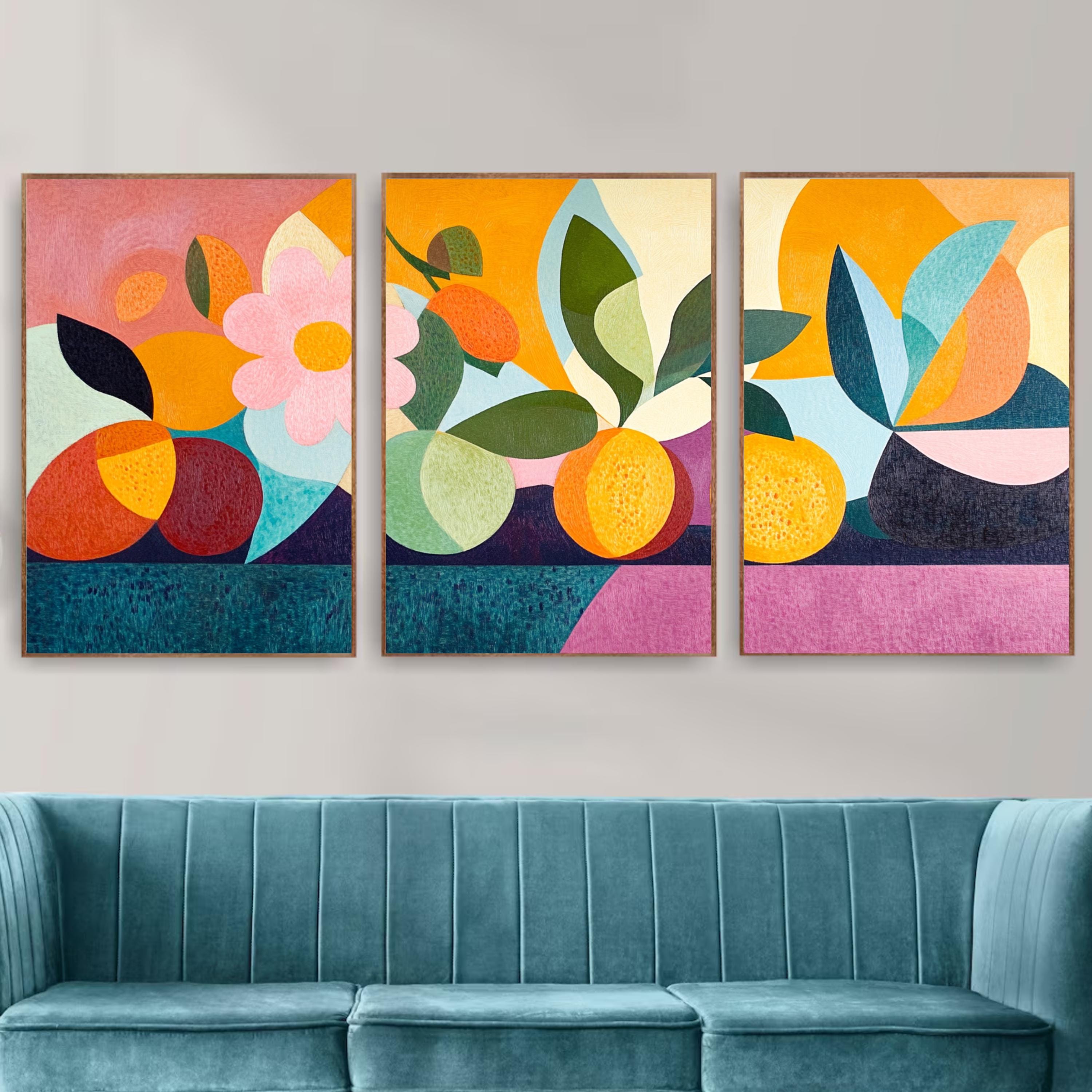 Abstract Fruit Wall Art Set of 3 | Colorful Modern Triptych Prints | Geometric Still Life Artwork for Kitchen or Dining Room