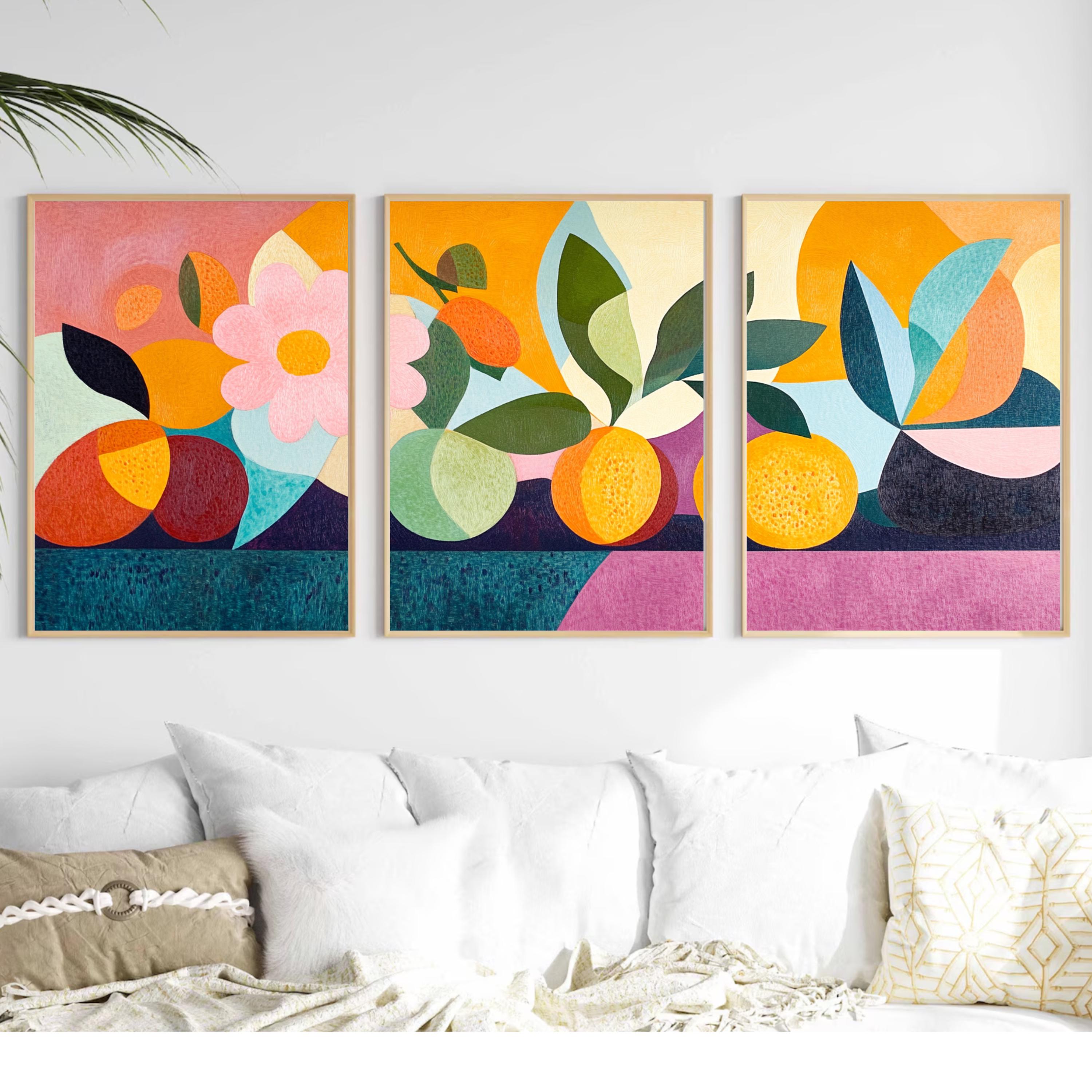 Abstract Fruit Wall Art Set of 3 | Colorful Modern Triptych Prints | Geometric Still Life Artwork for Kitchen or Dining Room