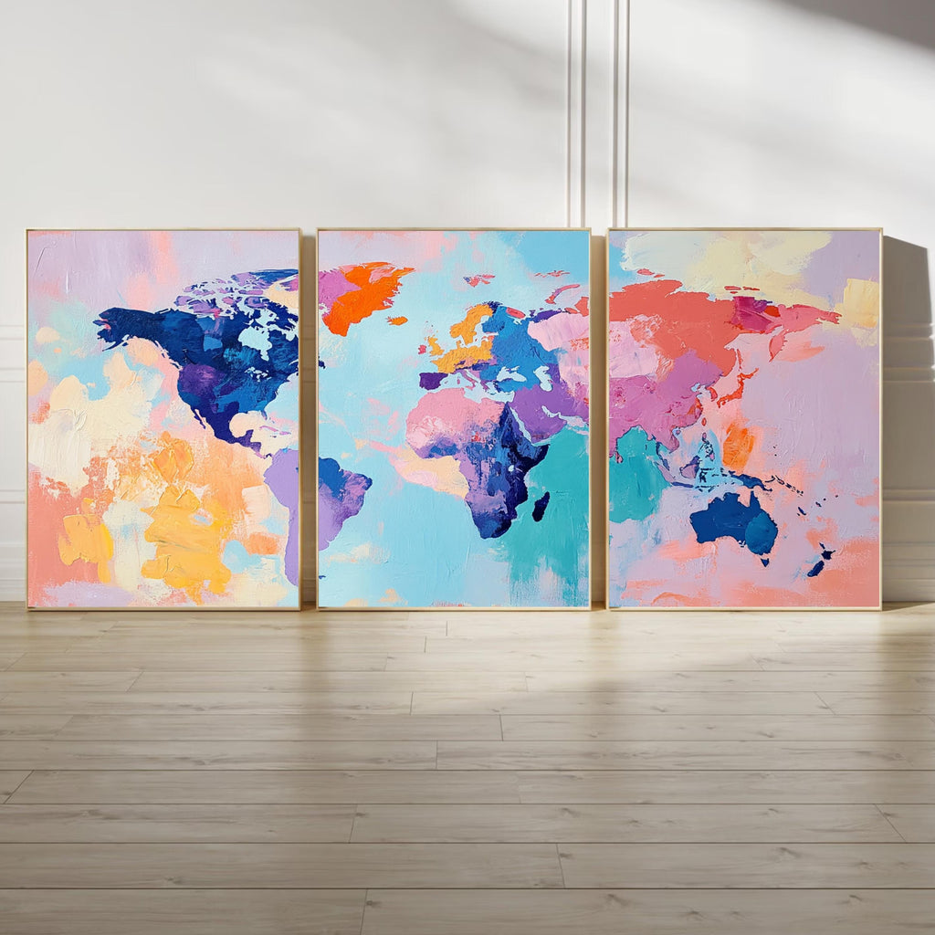 Colorful World Map Wall Art Set of 3 | Abstract Triptych Prints | Modern Travel Inspired Artwork for Home or Office