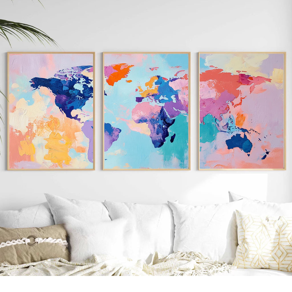 Colorful World Map Wall Art Set of 3 | Abstract Triptych Prints | Modern Travel Inspired Artwork for Home or Office
