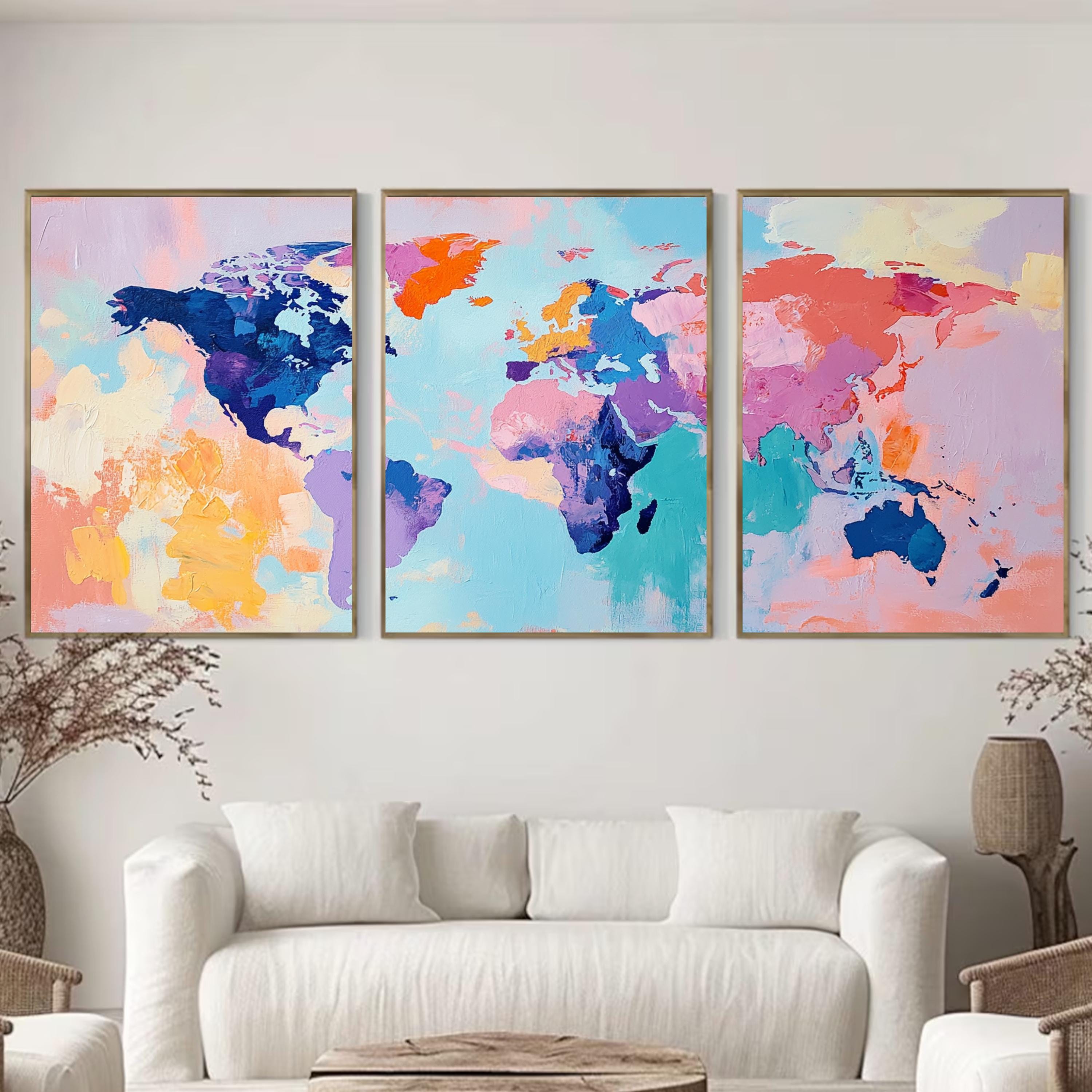 Colorful World Map Wall Art Set of 3 | Abstract Triptych Prints | Modern Travel Inspired Artwork for Home or Office