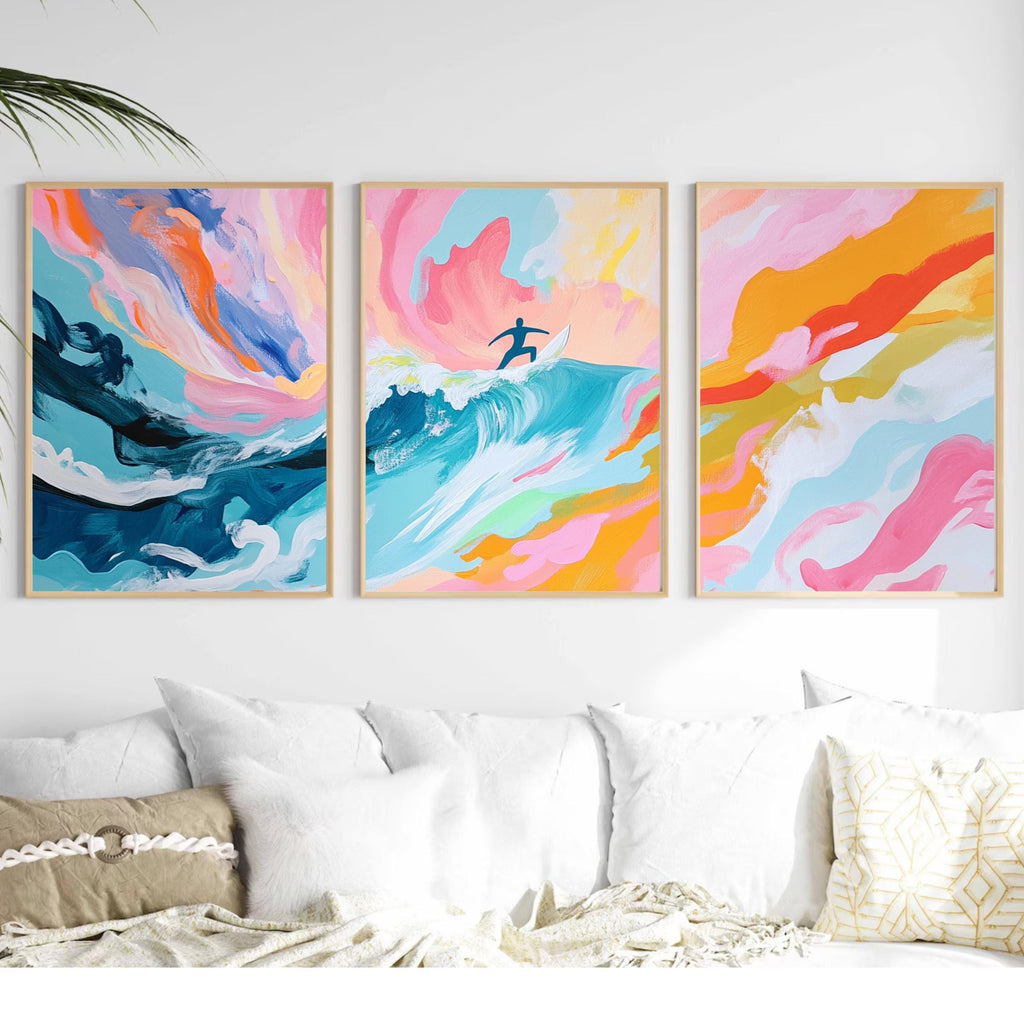Surfer Wall Art Set of 3 | Abstract Ocean Wave Triptych | Colorful Surfing Artwork for Beach Lovers