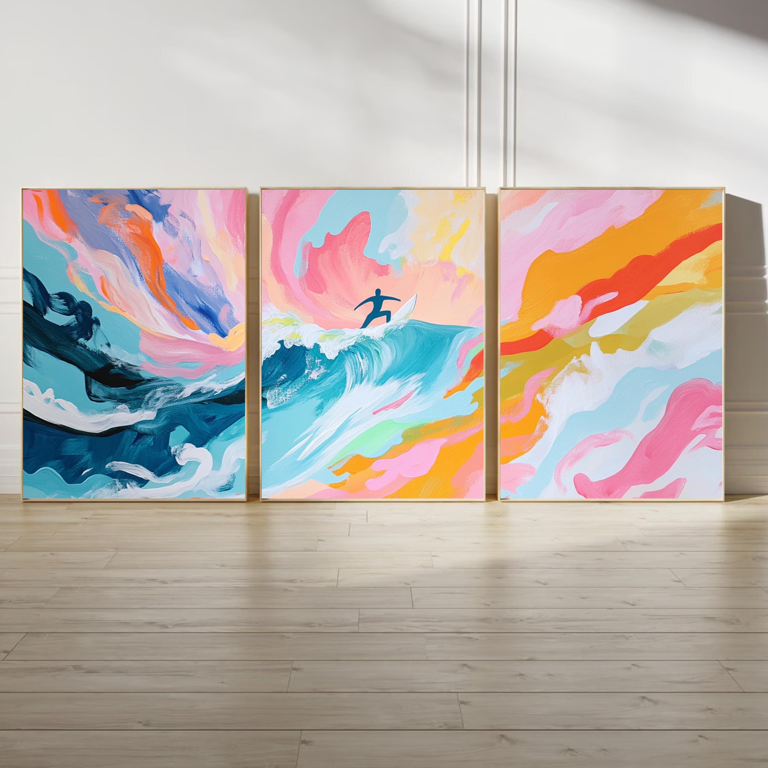 Surfer Wall Art Set of 3 | Abstract Ocean Wave Triptych | Colorful Surfing Artwork for Beach Lovers