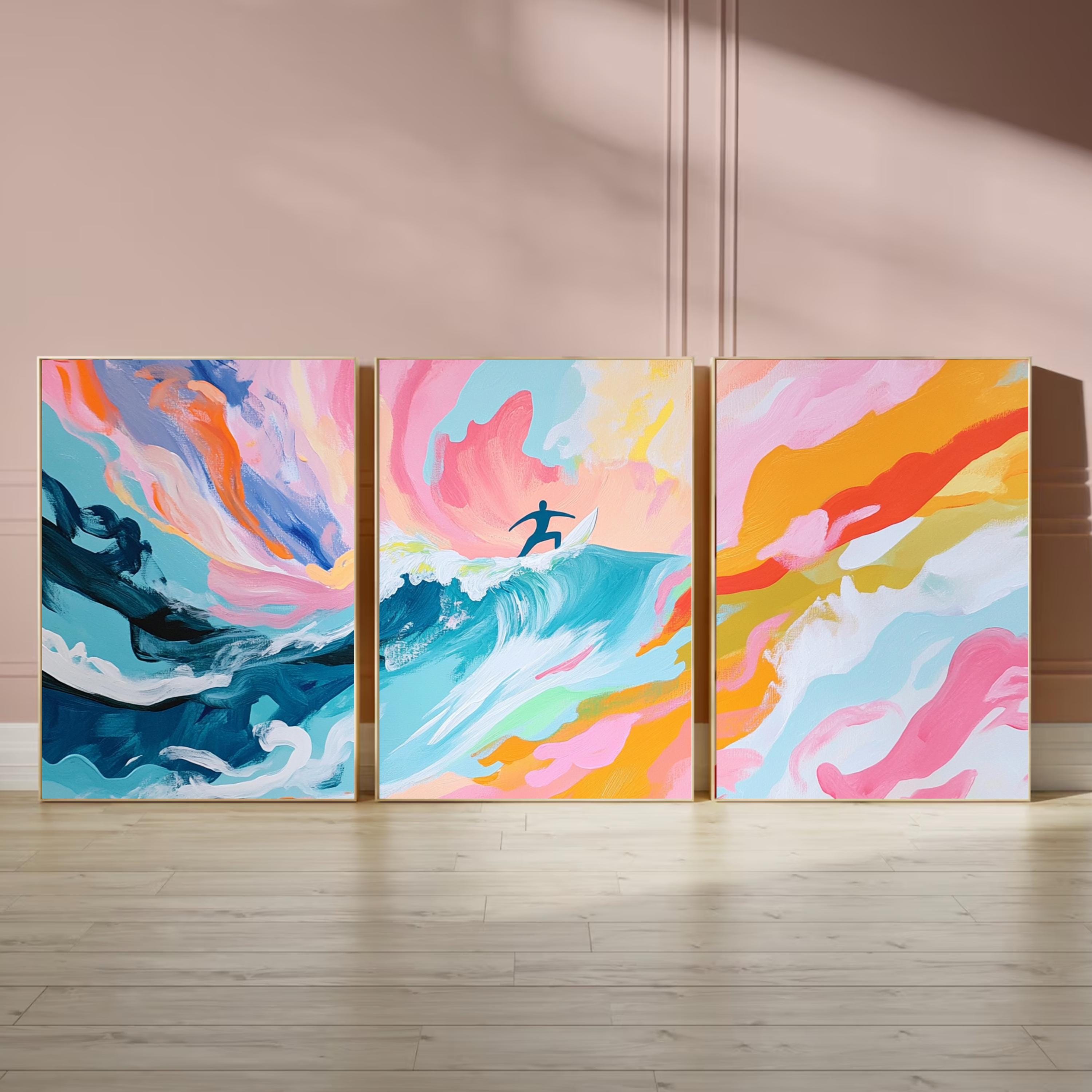 Surfer Wall Art Set of 3 | Abstract Ocean Wave Triptych | Colorful Surfing Artwork for Beach Lovers