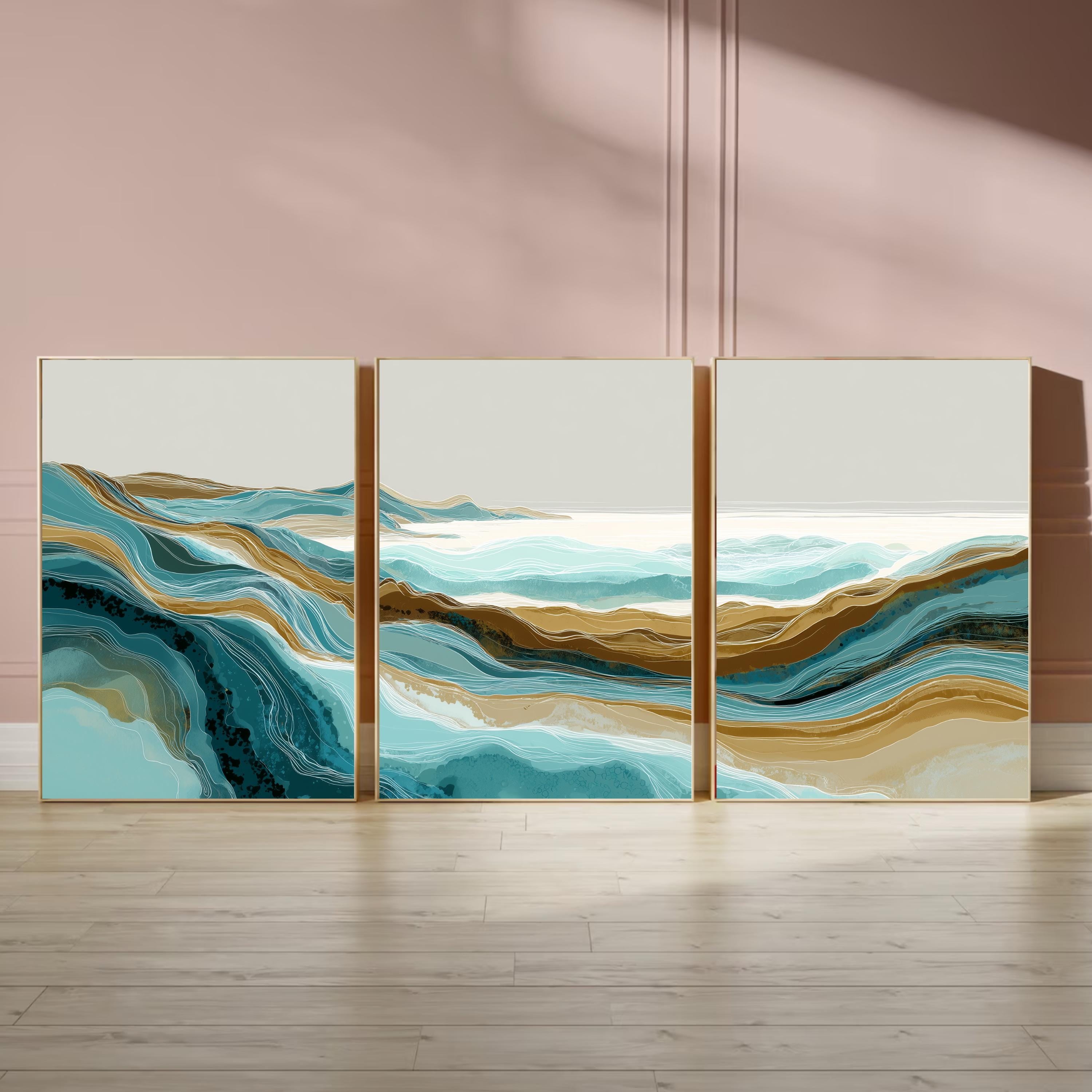 Abstract Ocean Wave Wall Art Set of 3 | Coastal Landscape Triptych | Modern Teal and Beige Artwork