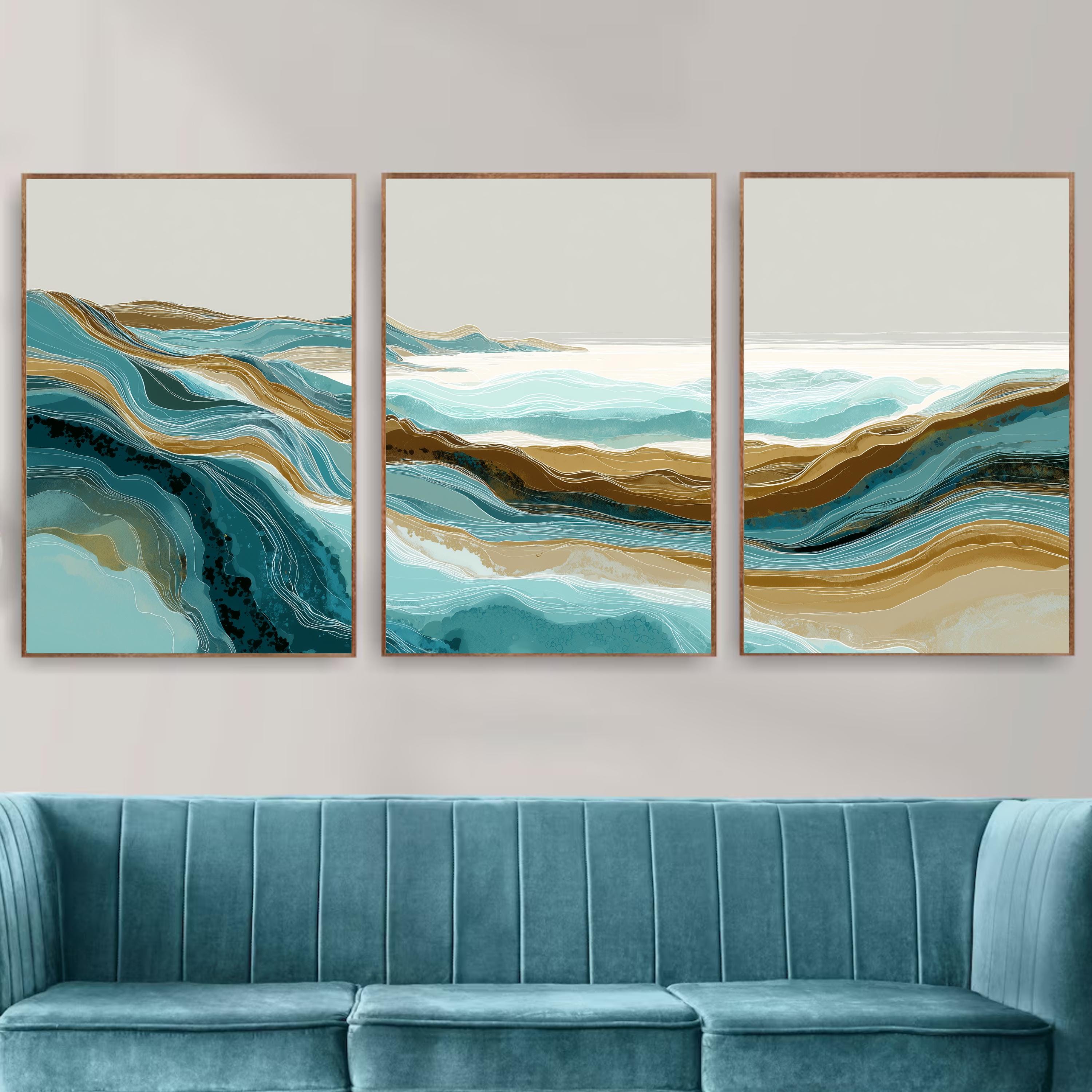 Abstract Ocean Wave Wall Art Set of 3 | Coastal Landscape Triptych | Modern Teal and Beige Artwork