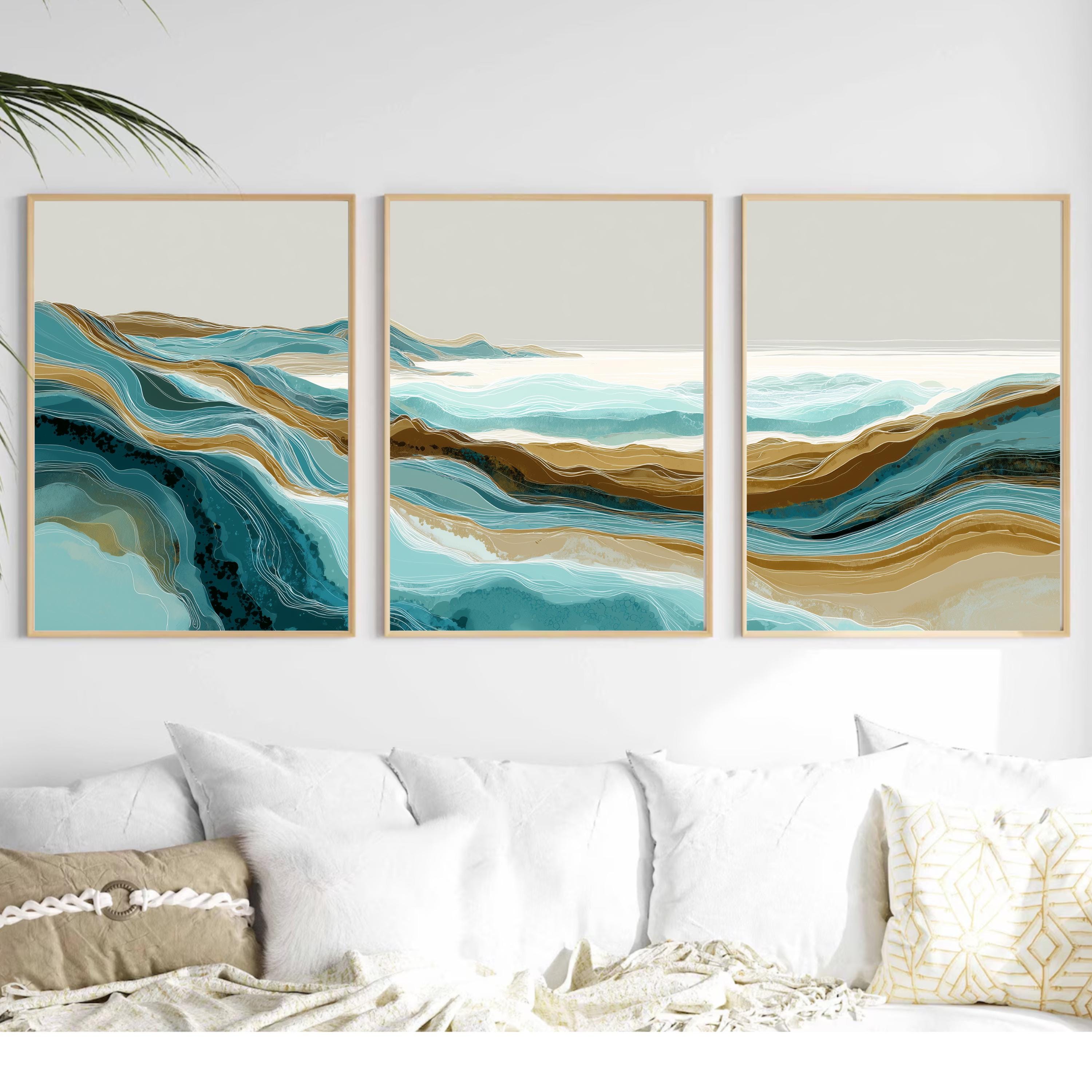 Abstract Ocean Wave Wall Art Set of 3 | Coastal Landscape Triptych | Modern Teal and Beige Artwork