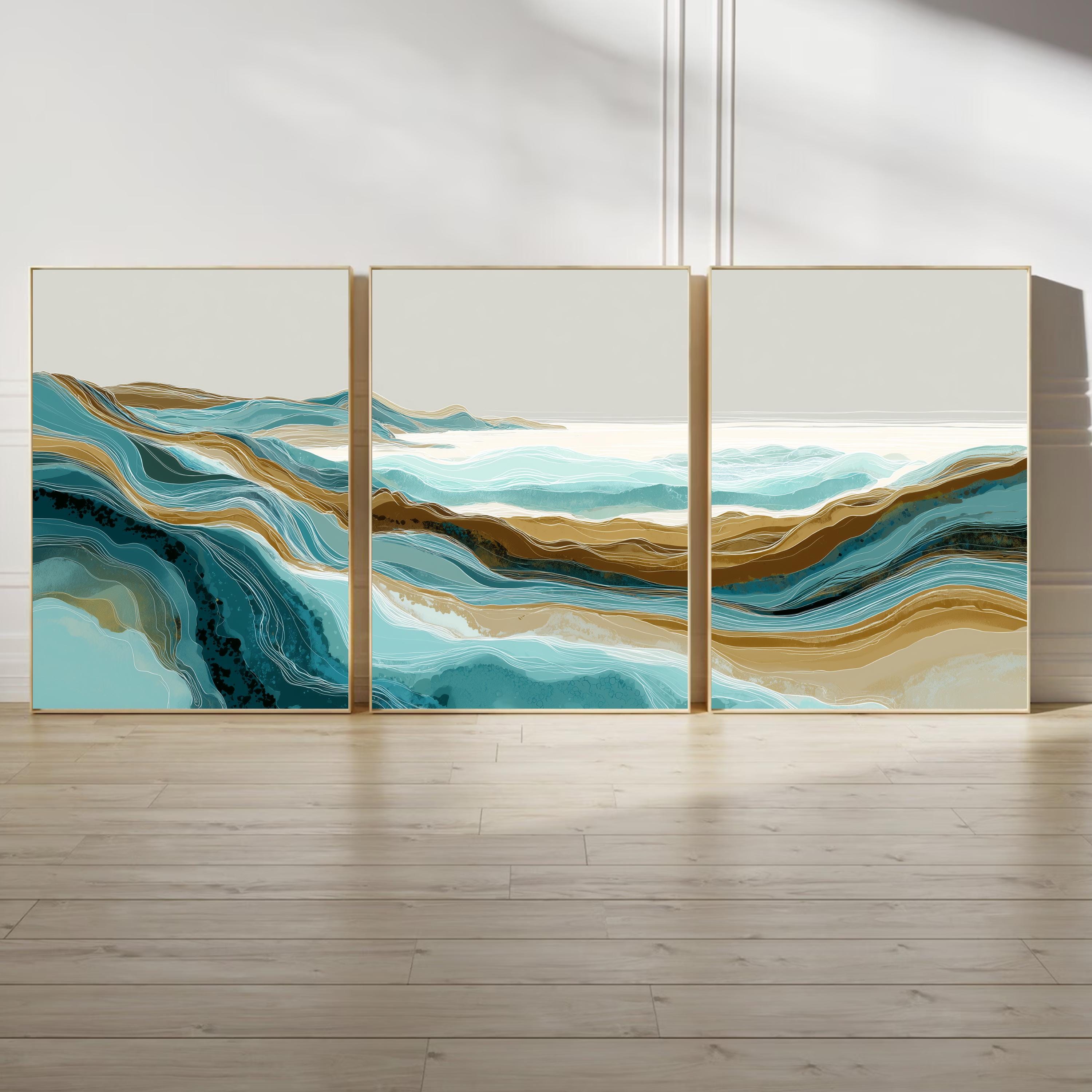 Abstract Ocean Wave Wall Art Set of 3 | Coastal Landscape Triptych | Modern Teal and Beige Artwork