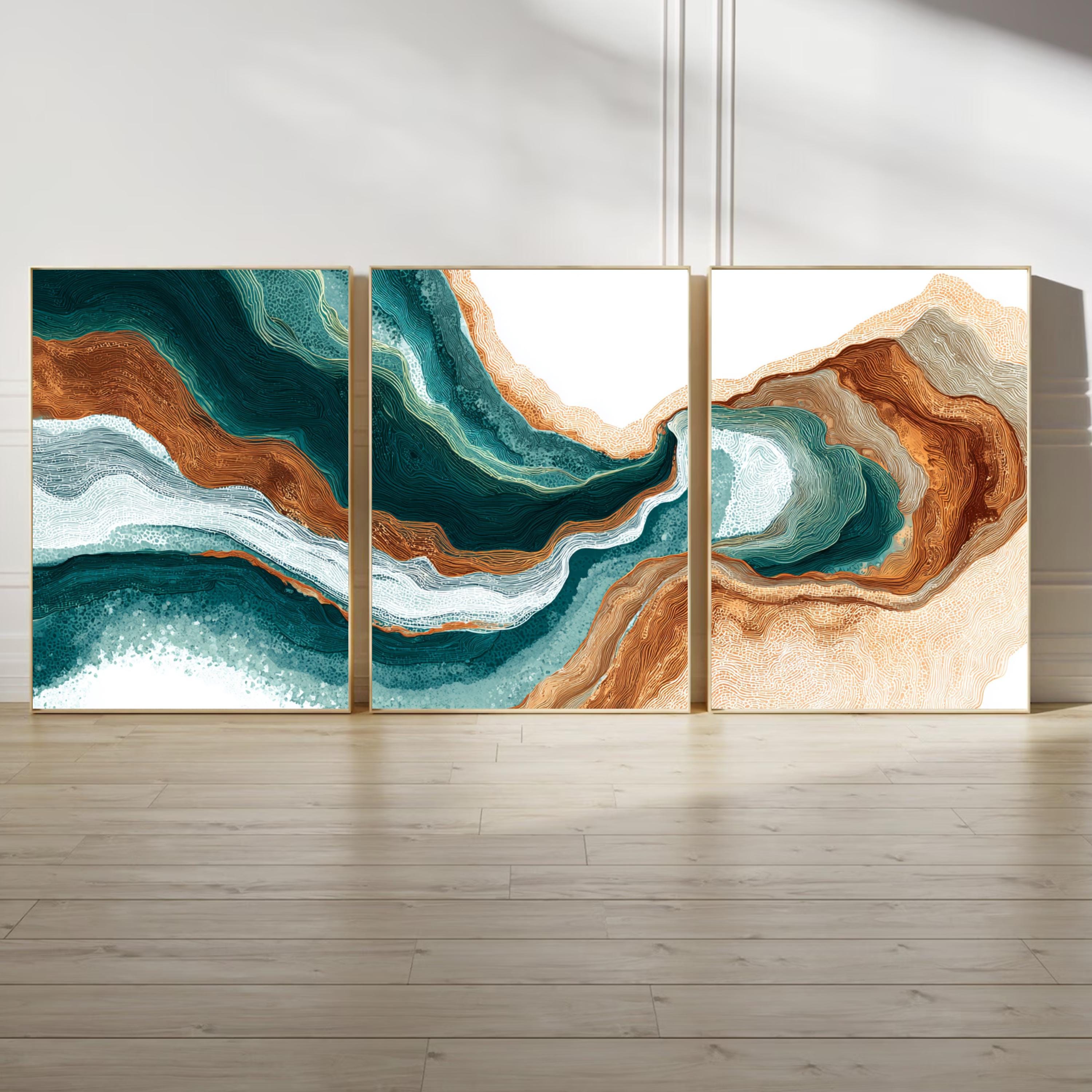 Emerald Earth Abstract Triptych | Geode Inspired Wall Art | Teal and Brown Modern Canvas Set