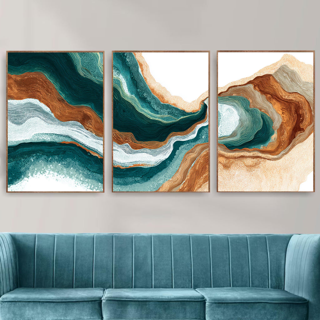 Emerald Earth Abstract Triptych | Geode Inspired Wall Art | Teal and Brown Modern Canvas Set