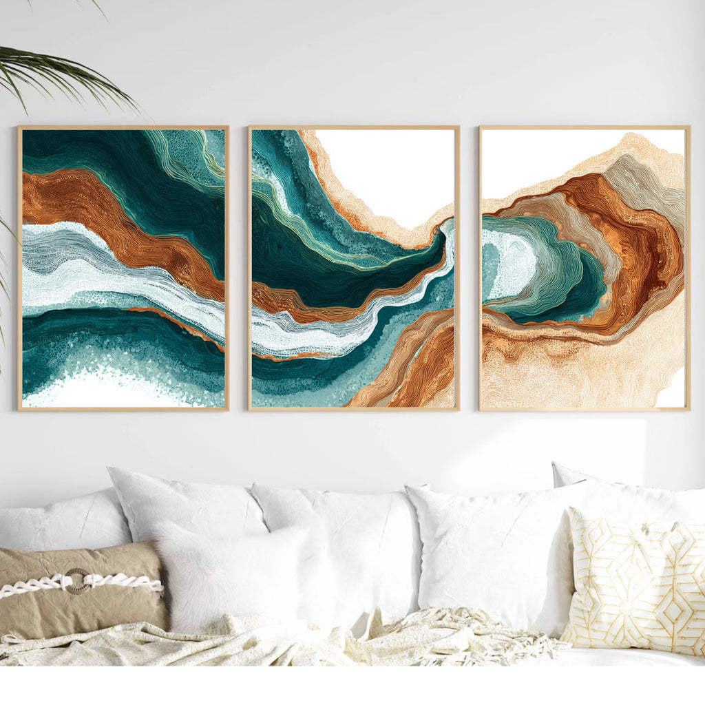 Emerald Earth Abstract Triptych | Geode Inspired Wall Art | Teal and Brown Modern Canvas Set