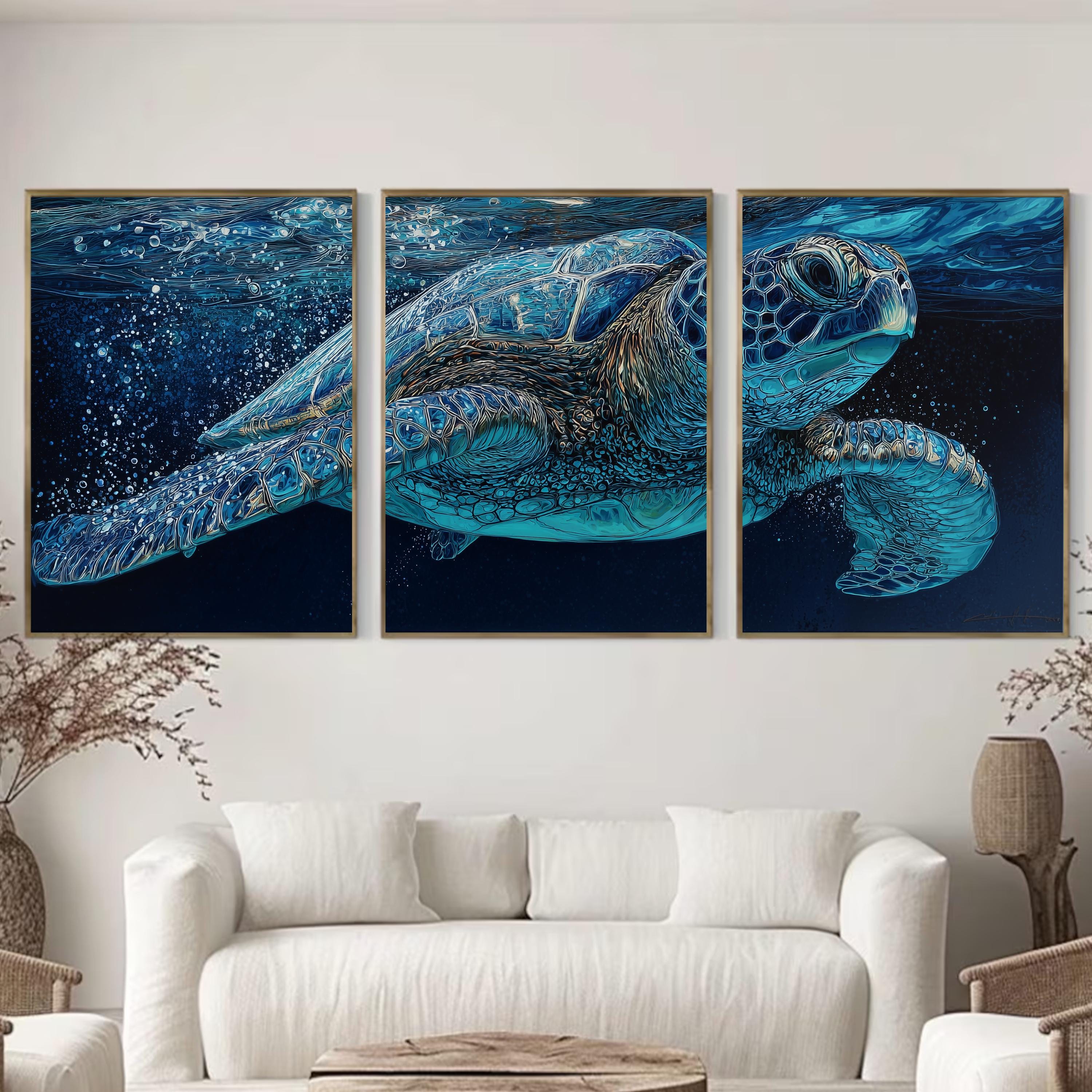 Sea Turtle Ocean Triptych | Underwater Marine Life Wall Art | Blue Coastal Canvas Set