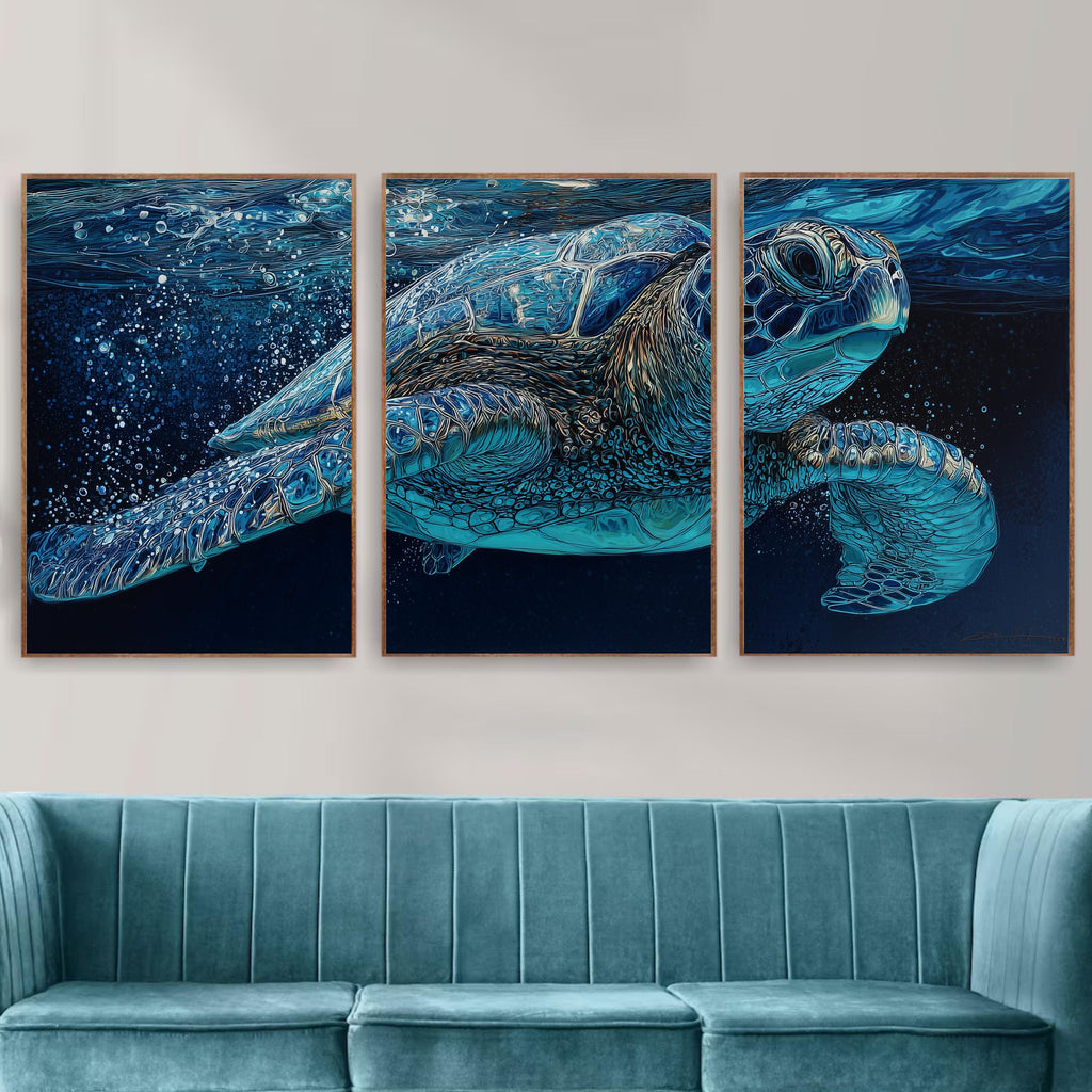 Sea Turtle Ocean Triptych | Underwater Marine Life Wall Art | Blue Coastal Canvas Set
