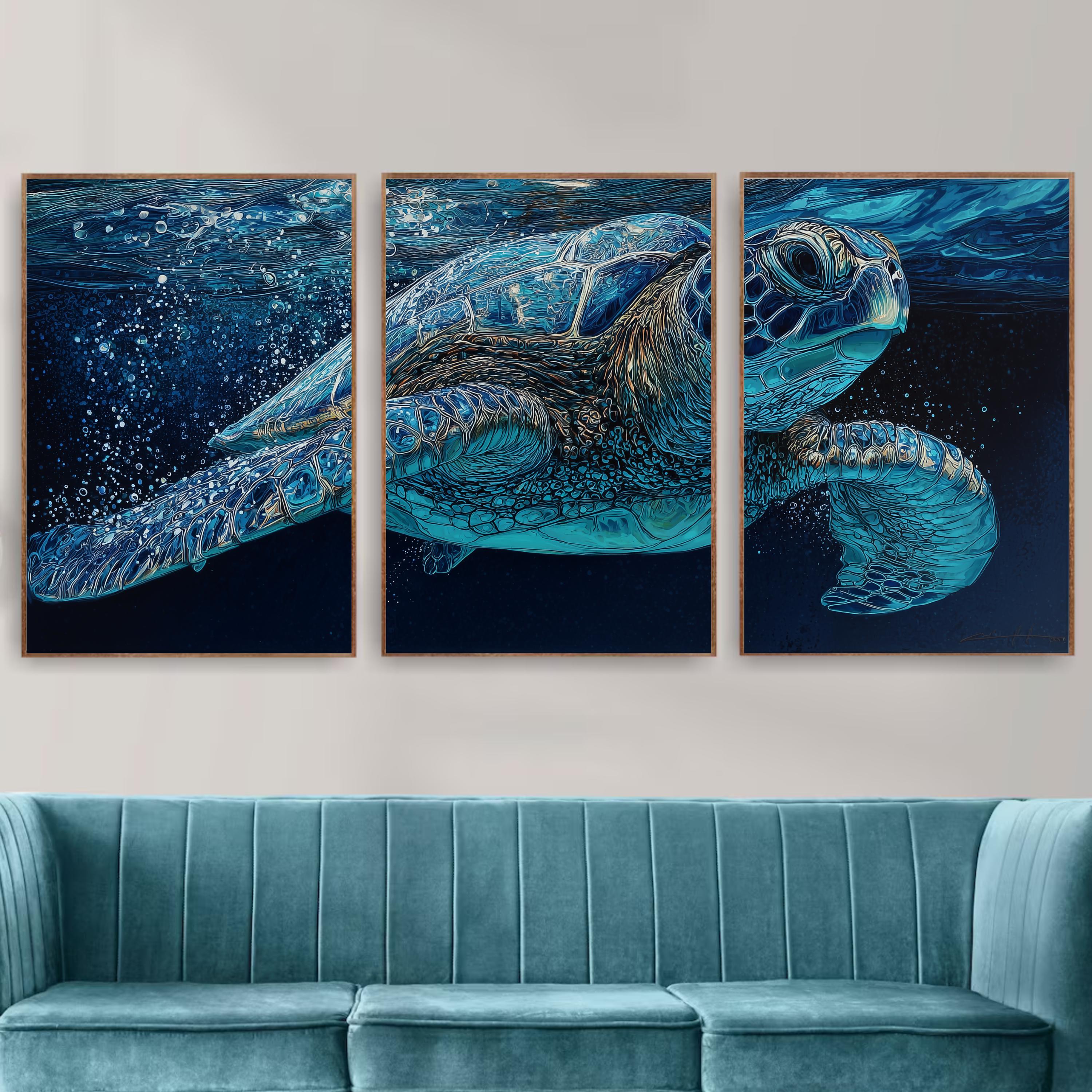 Sea Turtle Ocean Triptych | Underwater Marine Life Wall Art | Blue Coastal Canvas Set