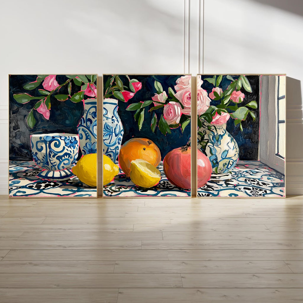 3 Panel Fruit and Floral Wall Art Poster Set – Still Life Prints with Lemons, Oranges, Pomegranate and Pink Flowers in Blue Vases