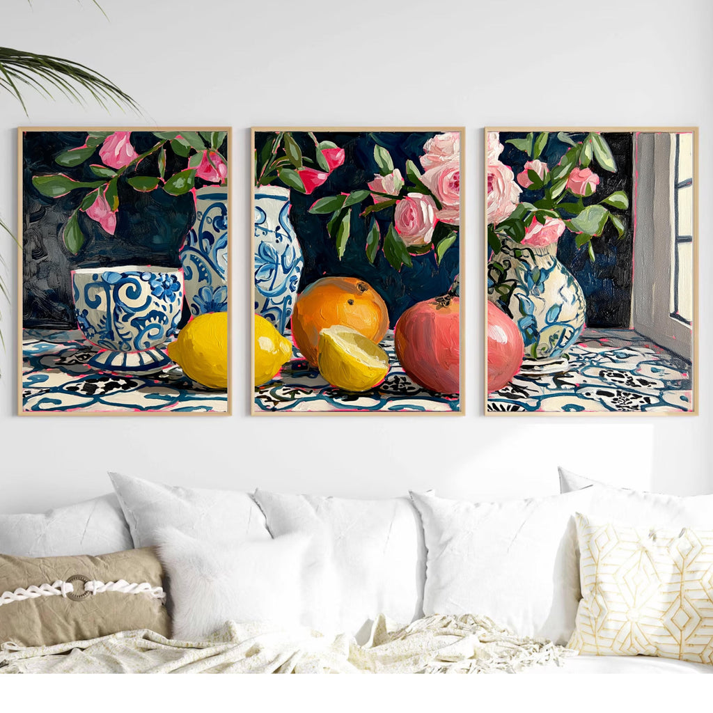 3 Panel Fruit and Floral Wall Art Poster Set – Still Life Prints with Lemons, Oranges, Pomegranate and Pink Flowers in Blue Vases