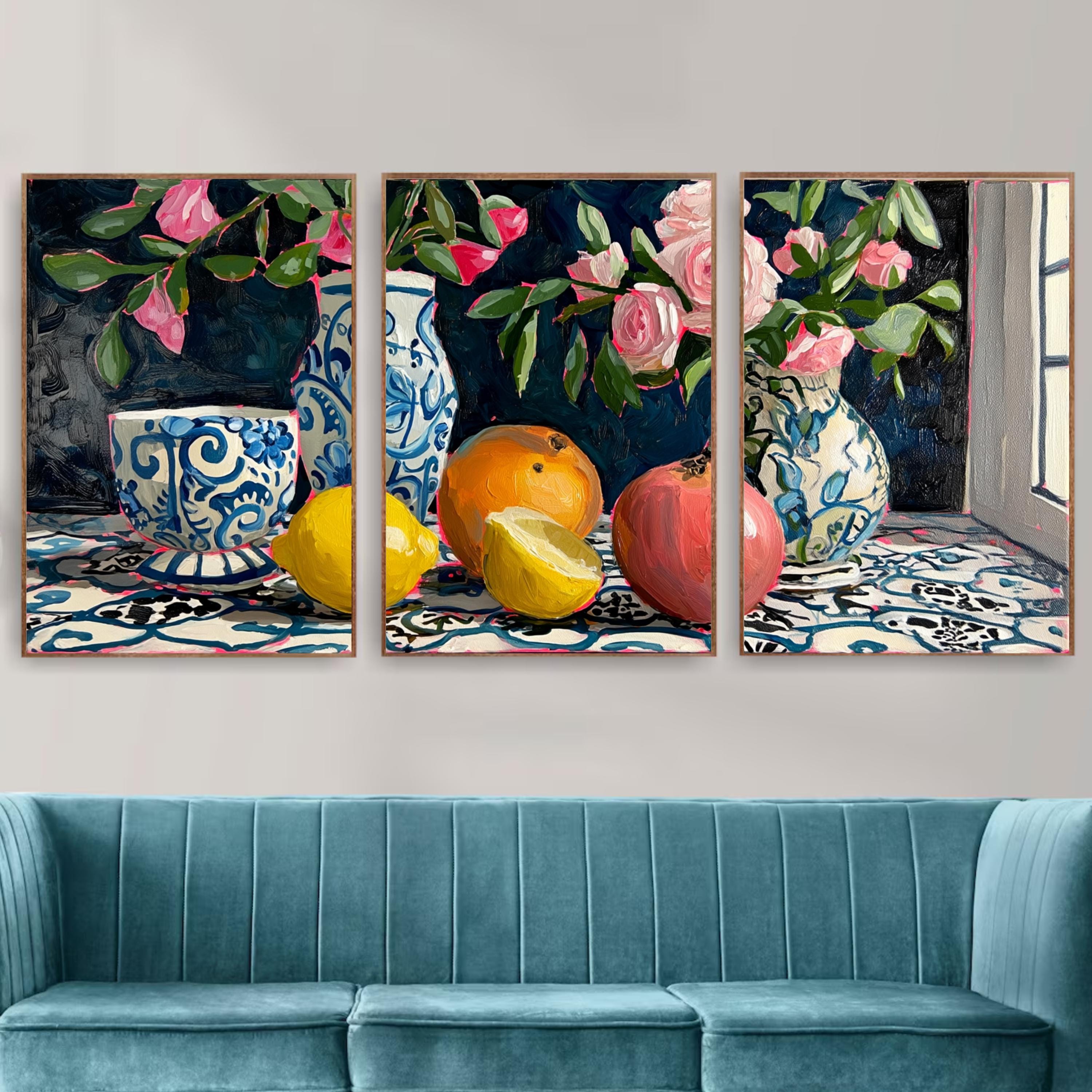 3 Panel Fruit and Floral Wall Art Poster Set – Still Life Prints with Lemons, Oranges, Pomegranate and Pink Flowers in Blue Vases
