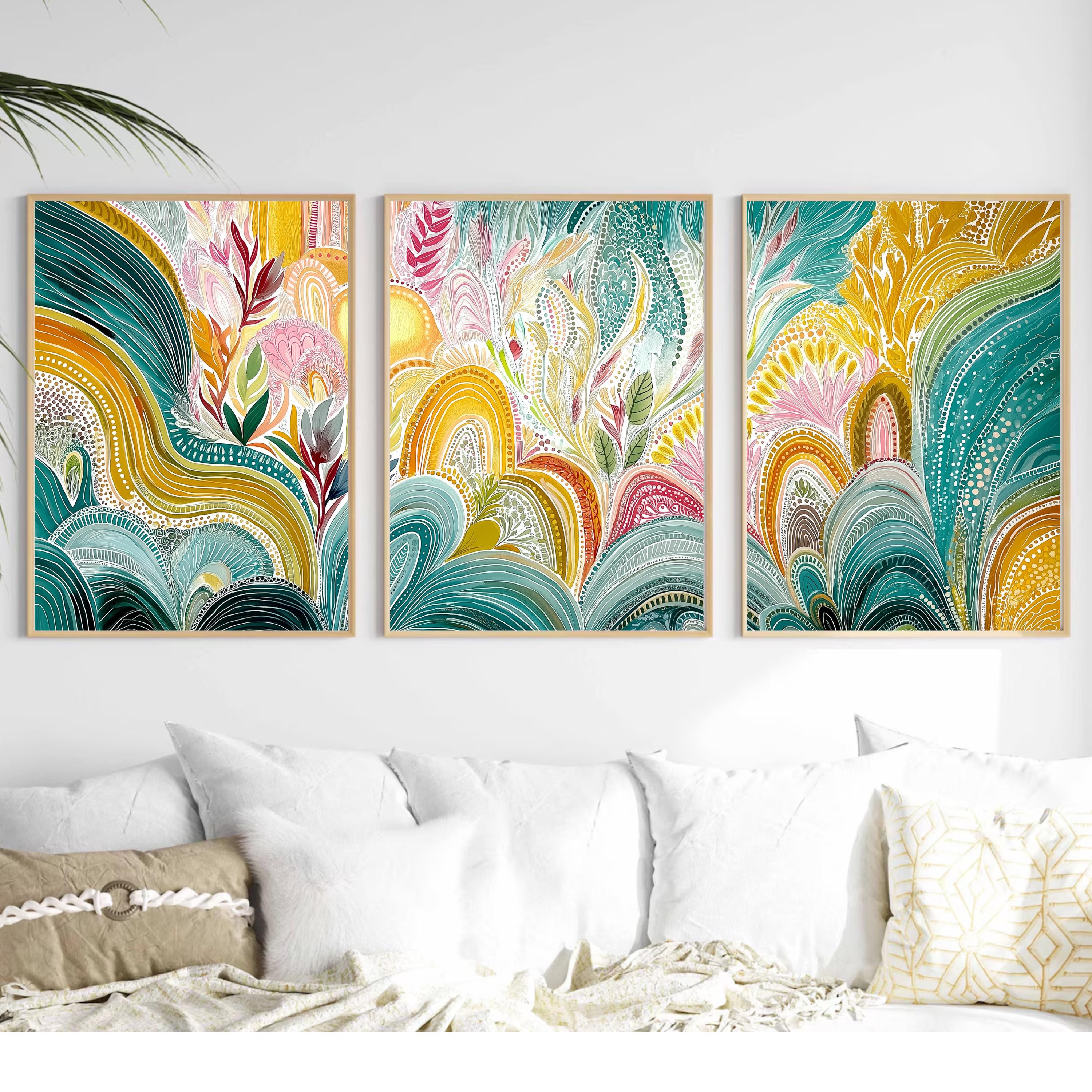 Colorful Aboriginal Abstract Triptych Poster Set, Modern Botanical Wall Art, Vibrant Nature Inspired Prints for Living Room Bedroom Home