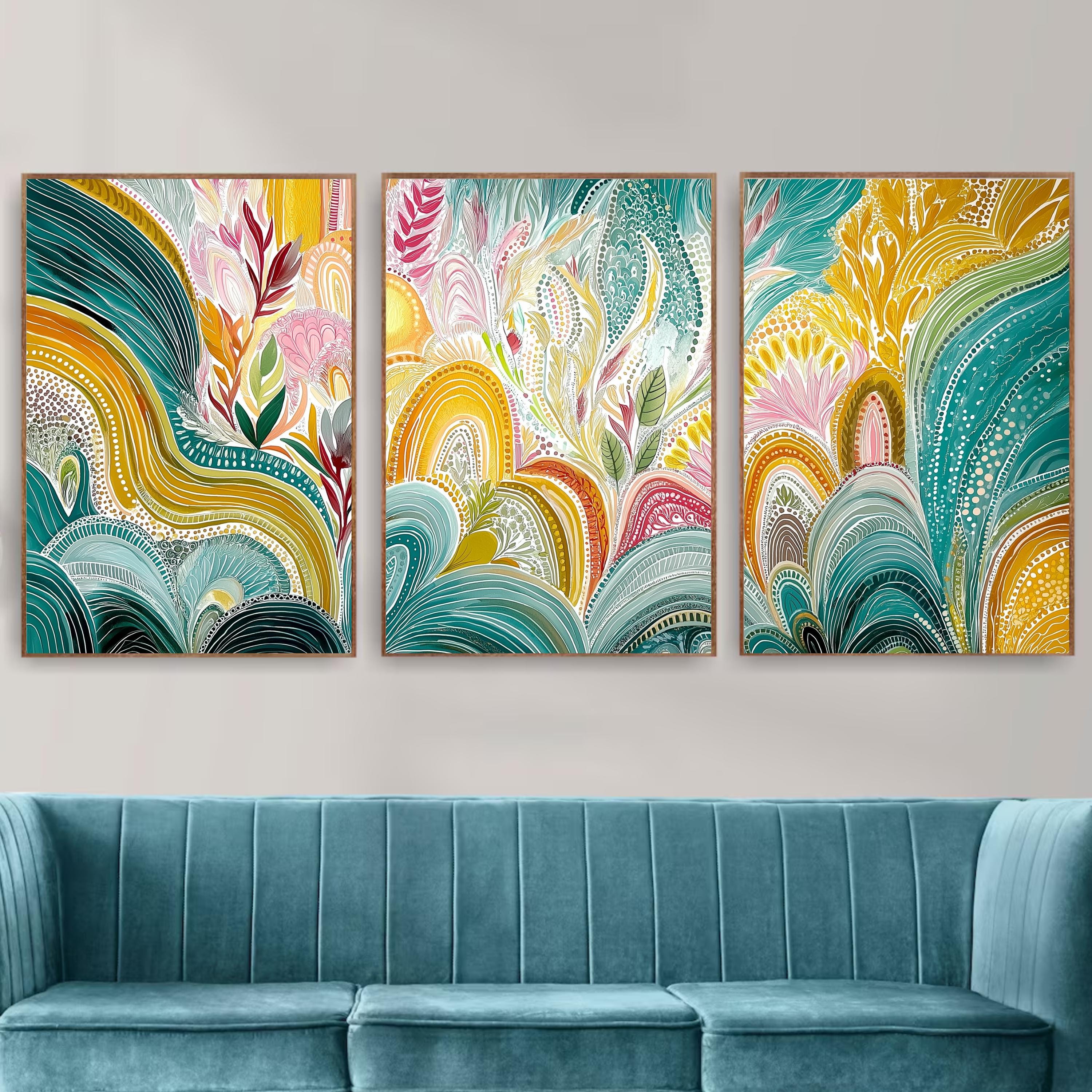 Colorful Aboriginal Abstract Triptych Poster Set, Modern Botanical Wall Art, Vibrant Nature Inspired Prints for Living Room Bedroom Home