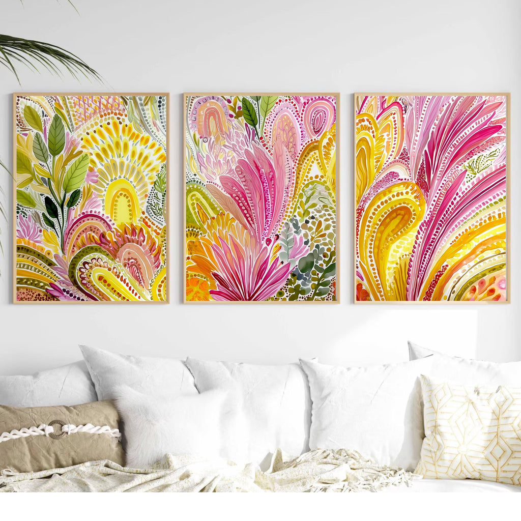 Aboriginal Inspired Triptych Poster Set, Colorful Botanical Wall Art, Pink and Yellow Contemporary Prints for Living Room Bedroom Decor