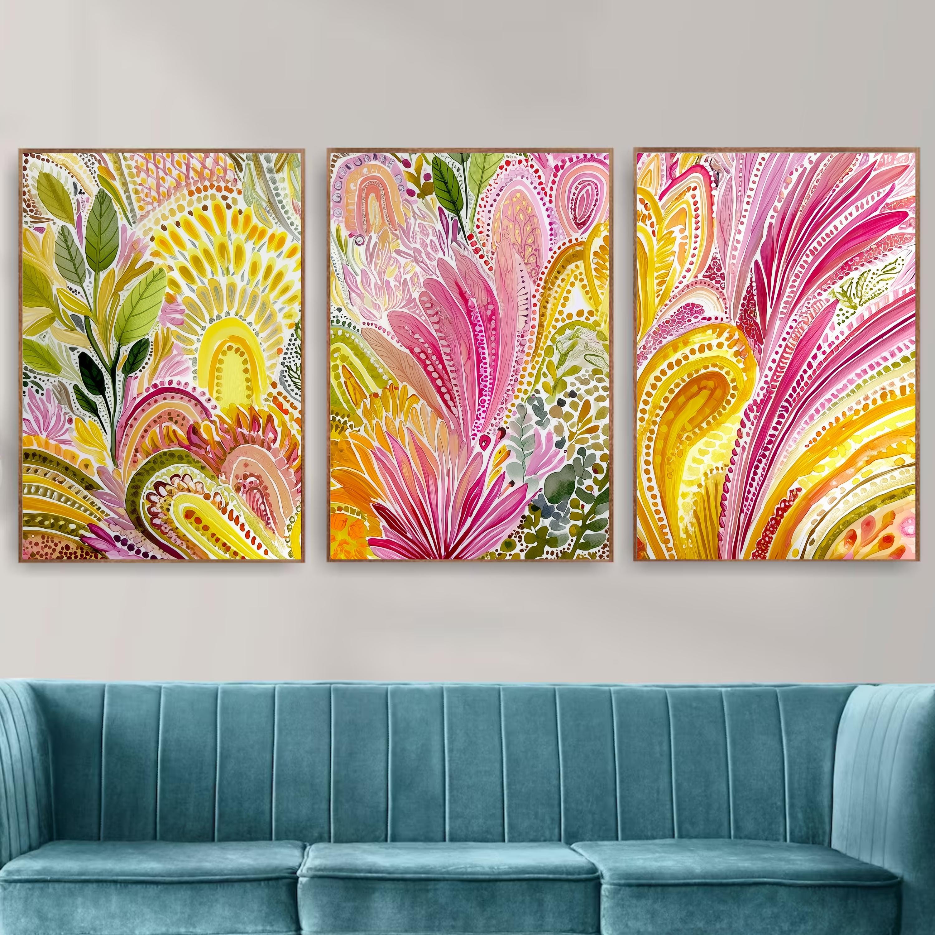 Aboriginal Inspired Triptych Poster Set, Colorful Botanical Wall Art, Pink and Yellow Contemporary Prints for Living Room Bedroom Decor
