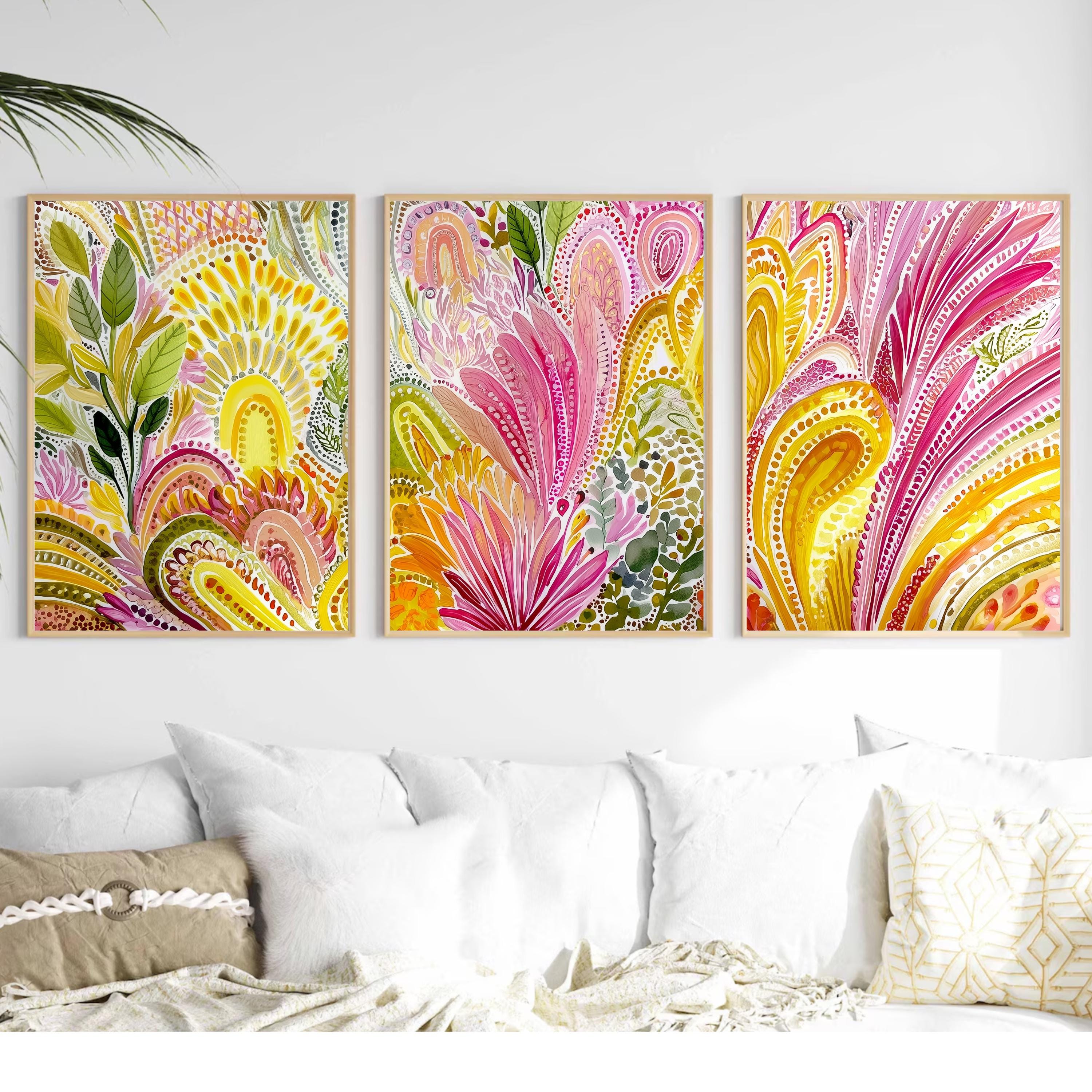 Aboriginal Inspired Triptych Poster Set, Colorful Botanical Wall Art, Pink and Yellow Contemporary Prints for Living Room Bedroom Decor