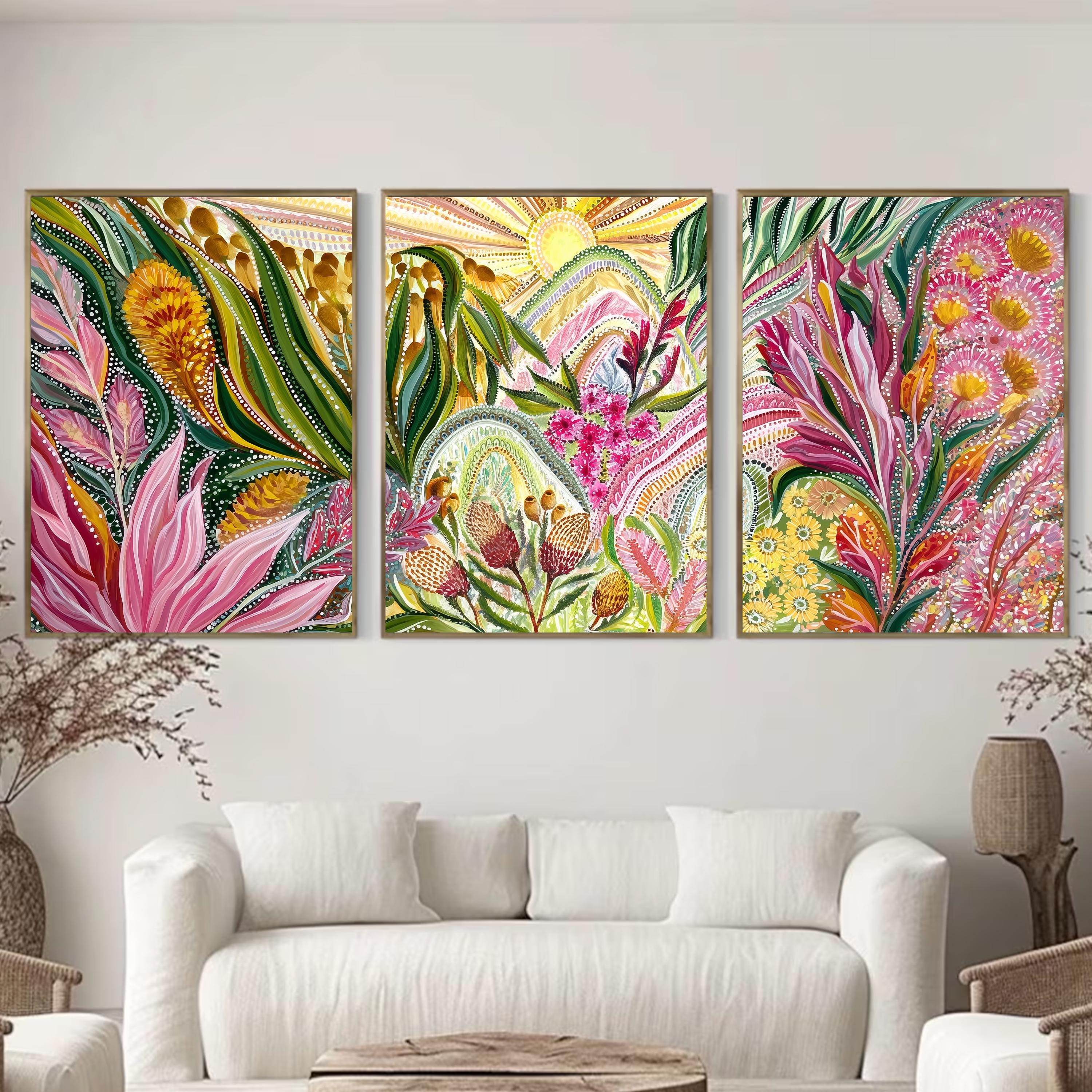 Botanical Triptych Poster Set, Aboriginal Inspired Floral Wall Art, Colorful Nature Prints with Australian Native Flowers for Home Decor