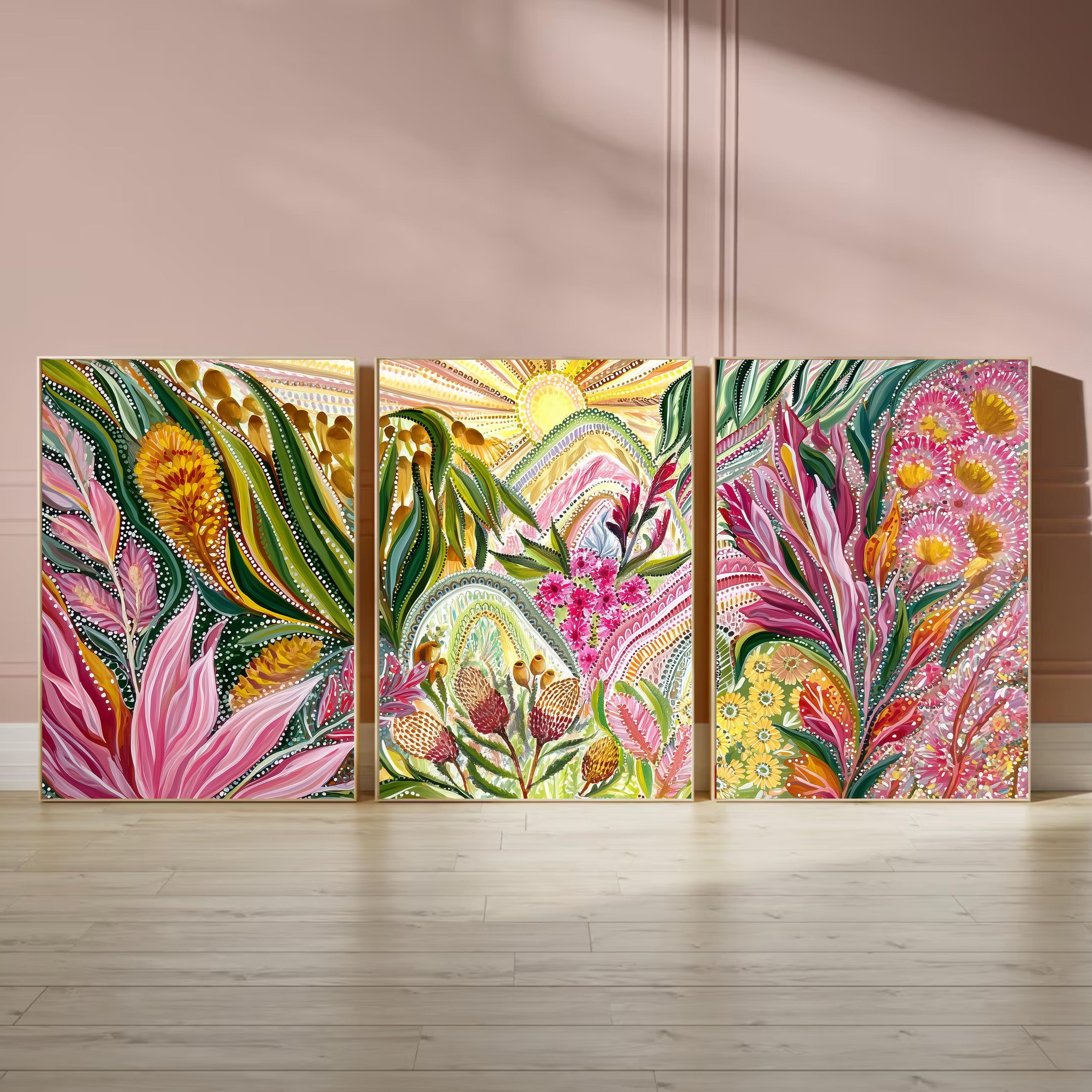 Botanical Triptych Poster Set, Aboriginal Inspired Floral Wall Art, Colorful Nature Prints with Australian Native Flowers for Home Decor