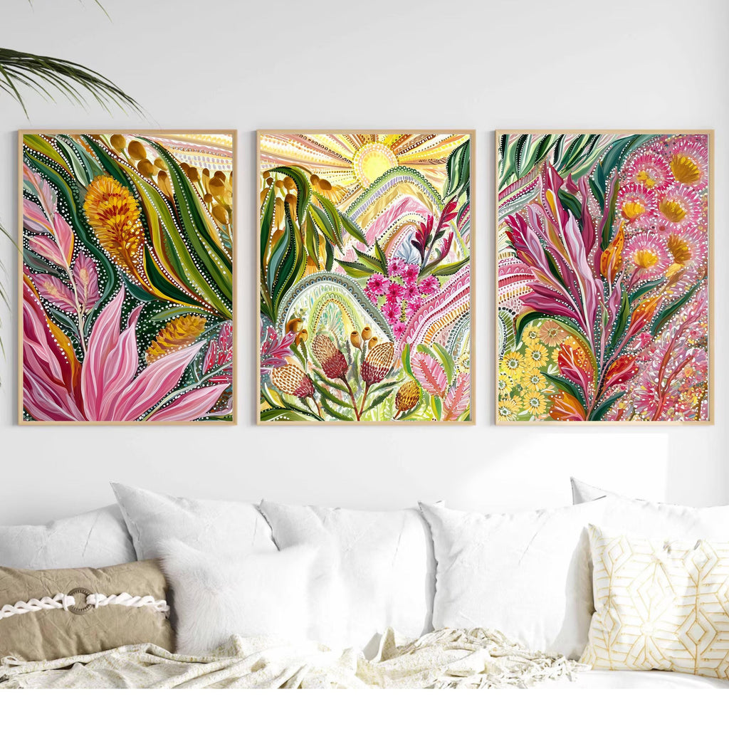 Botanical Triptych Poster Set, Aboriginal Inspired Floral Wall Art, Colorful Nature Prints with Australian Native Flowers for Home Decor