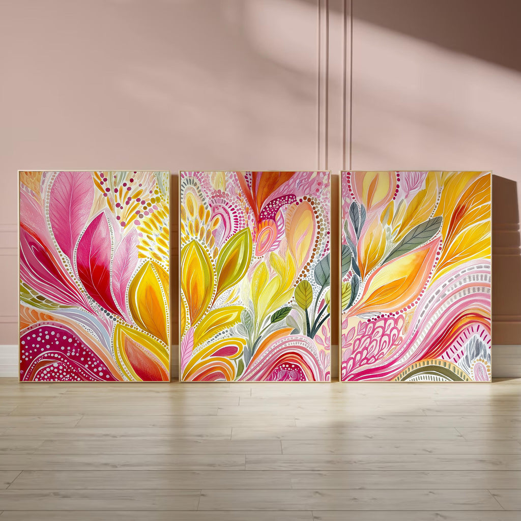 Bright Abstract Floral Poster Set, 3 Piece Contemporary Wall Art, Pink and Yellow Botanical Triptych for Modern Home Interiors