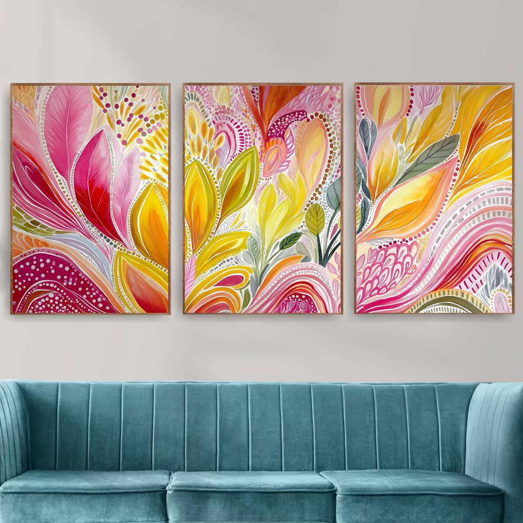 Bright Abstract Floral Poster Set, 3 Piece Contemporary Wall Art, Pink and Yellow Botanical Triptych for Modern Home Interiors