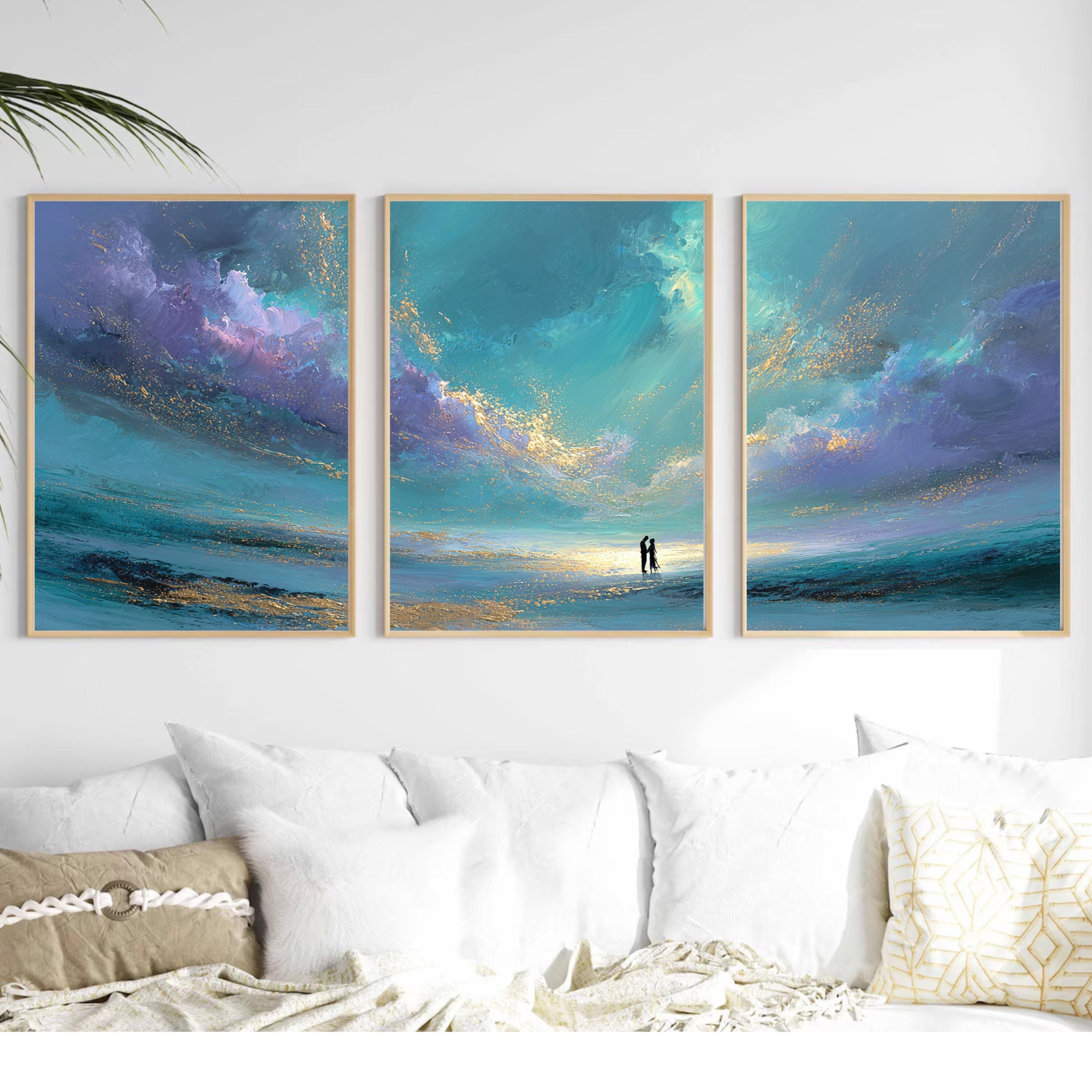 Romantic Seascape Triptych, Abstract Ocean Sunset Poster Set, Couple Wall Art Prints in Teal and Purple for Bedroom or Living Room