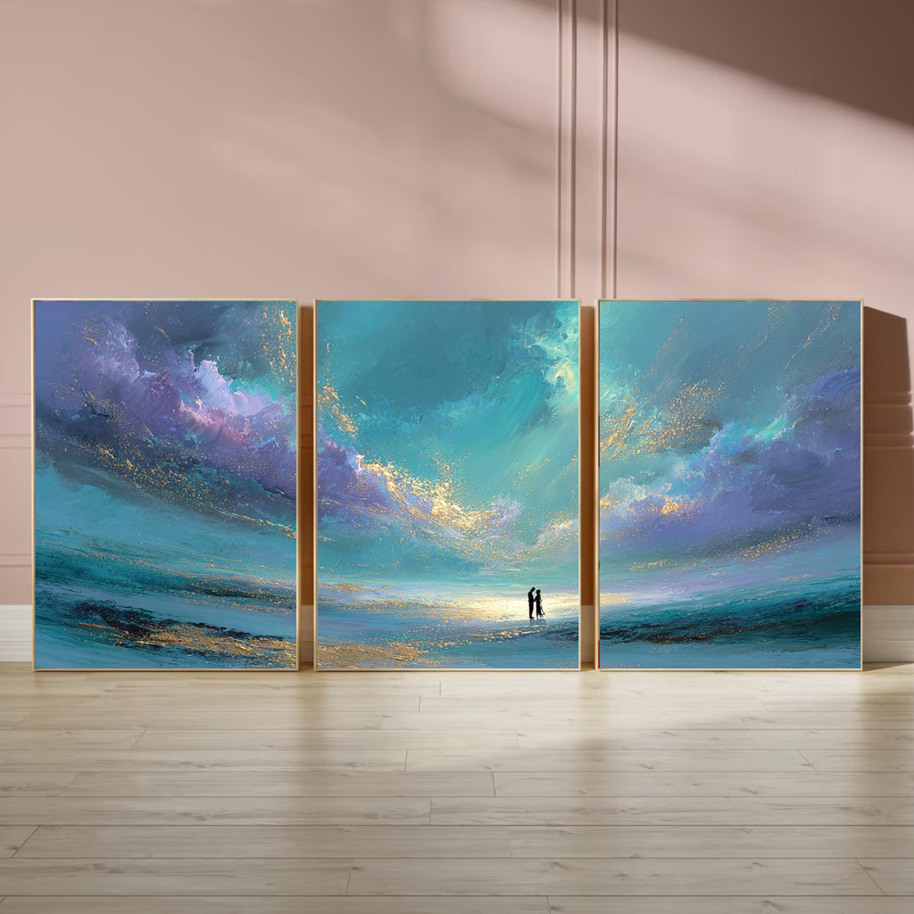 Romantic Seascape Triptych, Abstract Ocean Sunset Poster Set, Couple Wall Art Prints in Teal and Purple for Bedroom or Living Room