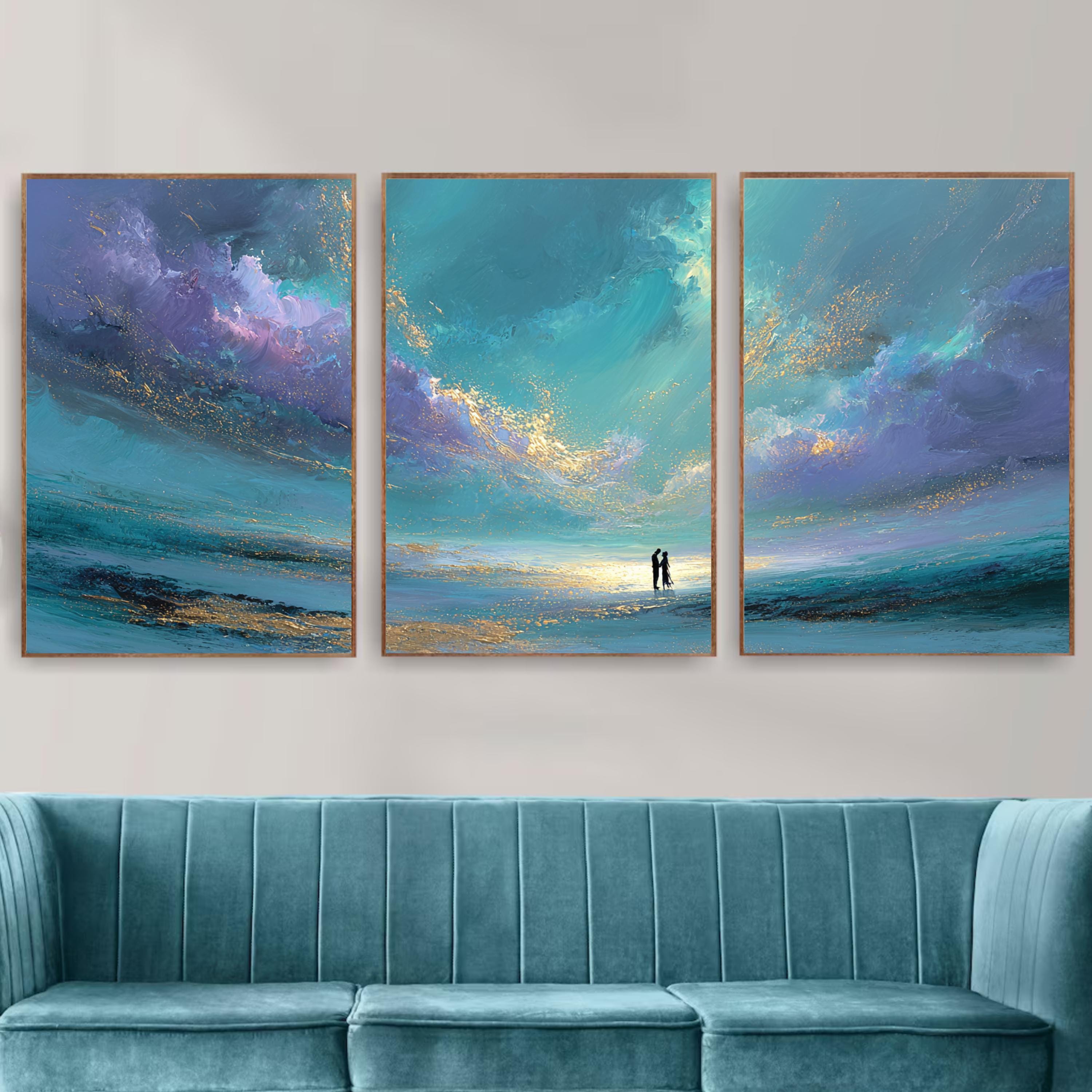 Romantic Seascape Triptych, Abstract Ocean Sunset Poster Set, Couple Wall Art Prints in Teal and Purple for Bedroom or Living Room