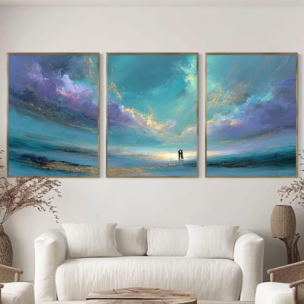Romantic Seascape Triptych, Abstract Ocean Sunset Poster Set, Couple Wall Art Prints in Teal and Purple for Bedroom or Living Room