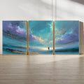 Romantic Seascape Triptych, Abstract Ocean Sunset Poster Set, Couple Wall Art Prints in Teal and Purple for Bedroom or Living Room