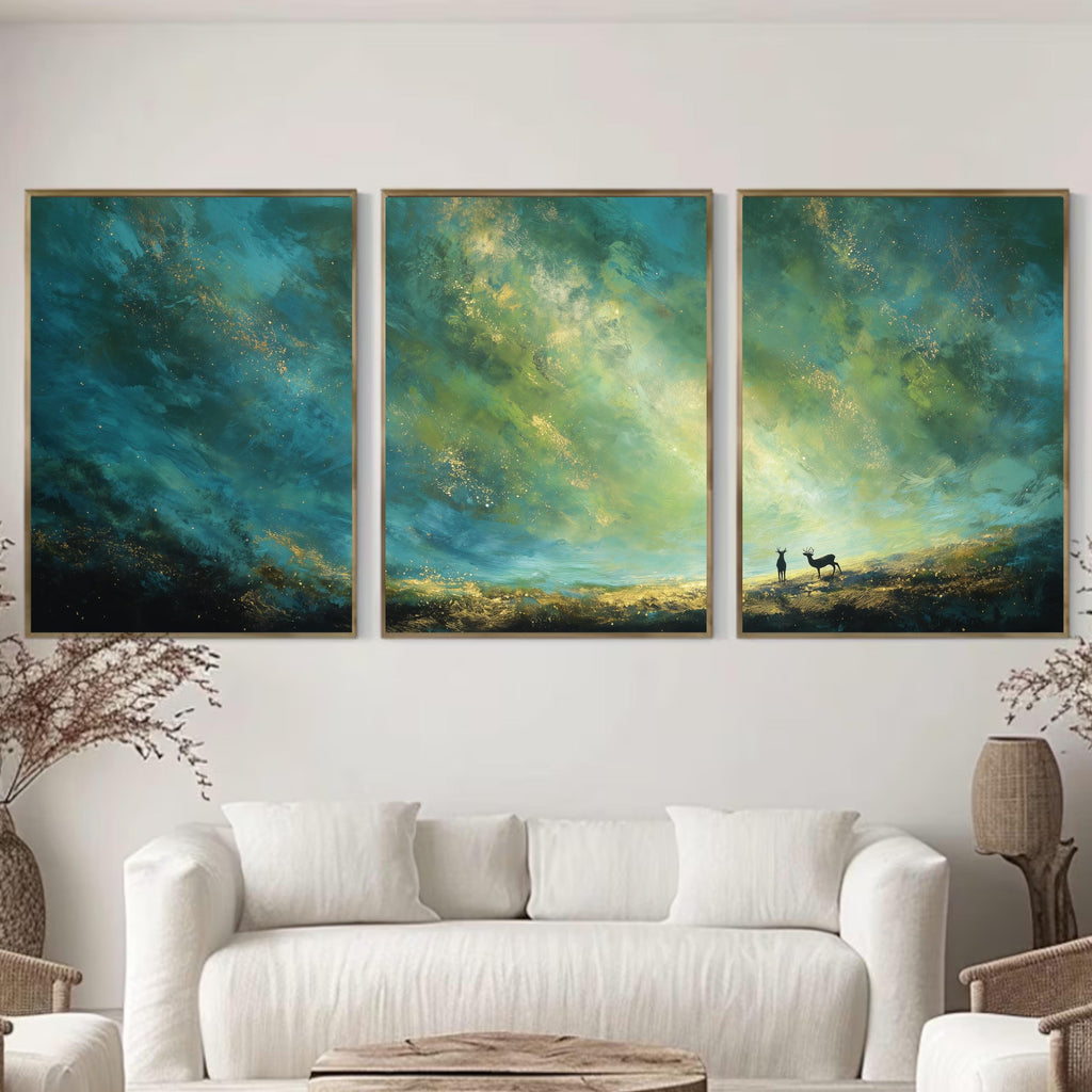 Deer Sunset Large Wall Art, Abstract Sky and Landscape Wall Art, Green and Gold Prints with Deer for Living Room or Bedroom