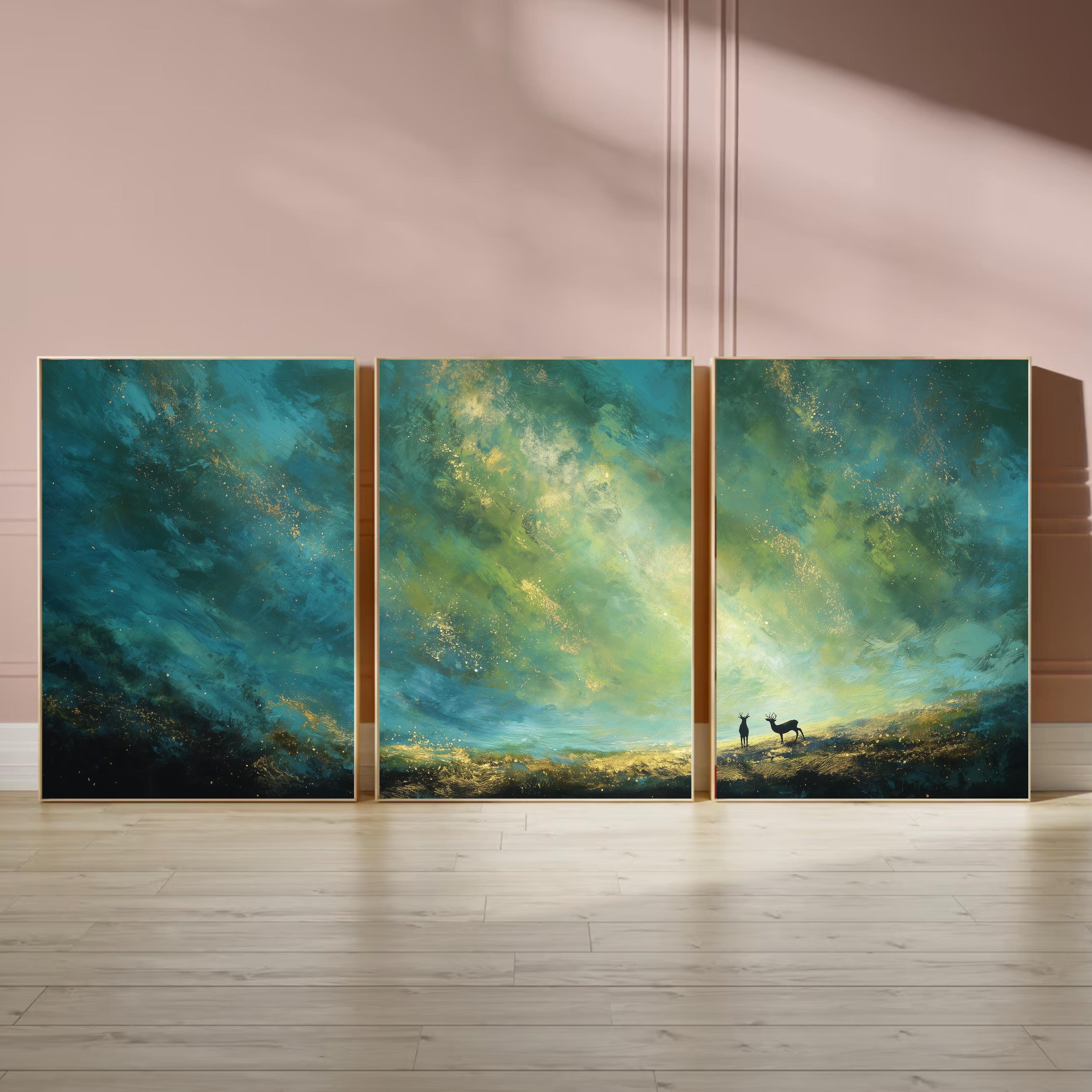 Deer Sunset Large Wall Art, Abstract Sky and Landscape Wall Art, Green and Gold Prints with Deer for Living Room or Bedroom