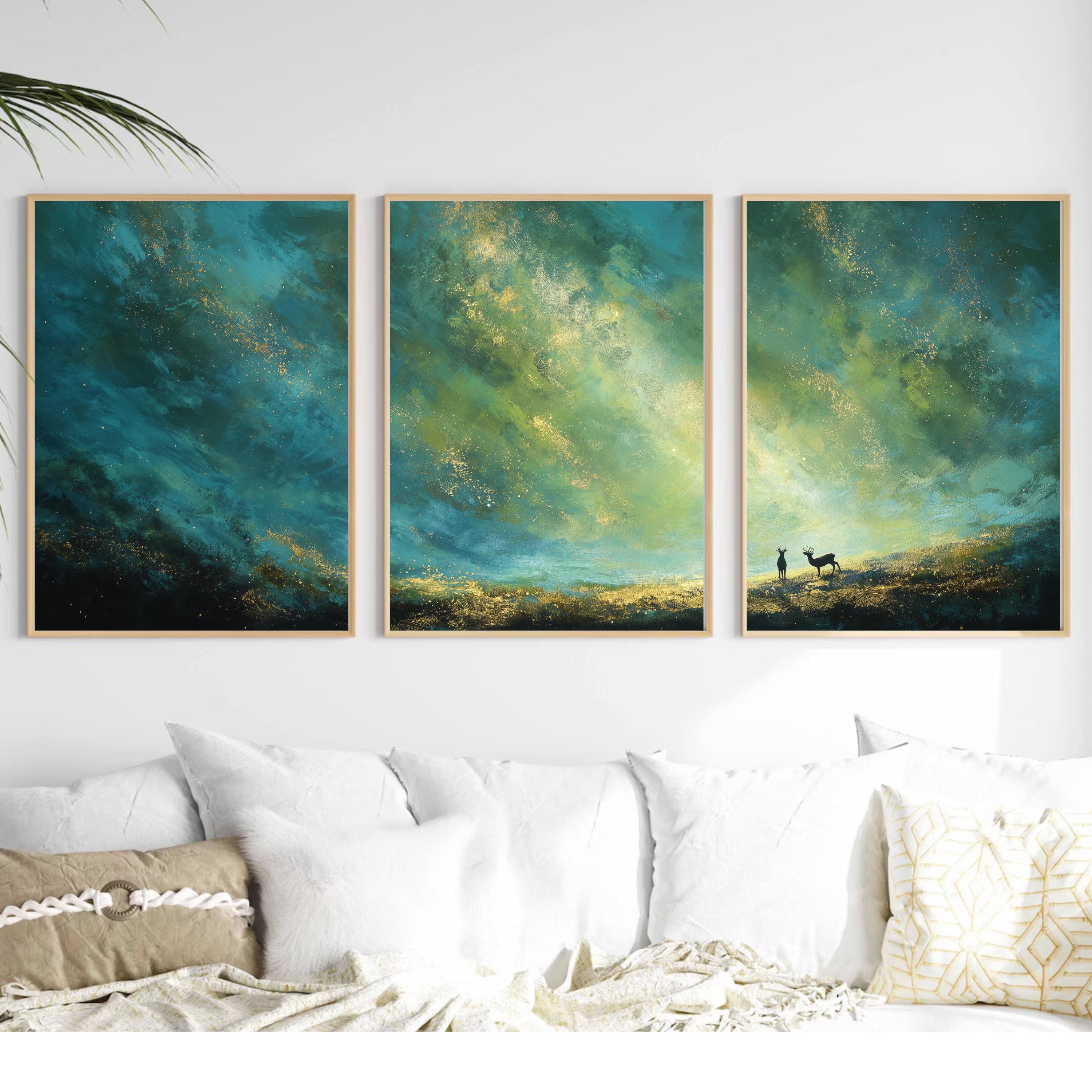 Deer Sunset Large Wall Art, Abstract Sky and Landscape Wall Art, Green and Gold Prints with Deer for Living Room or Bedroom